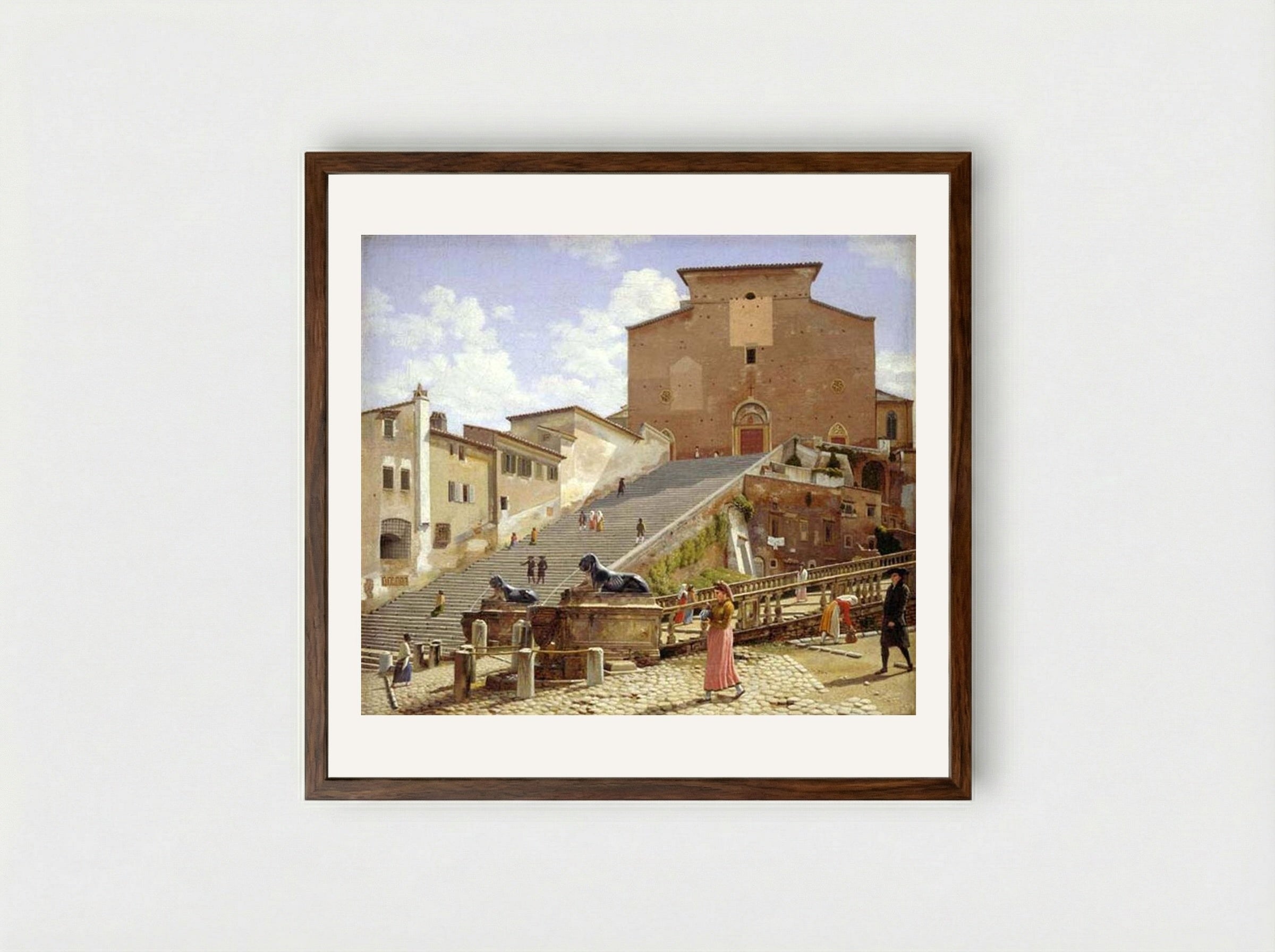 The Marble Staircase Leading to Santa Maria in Aracoeli, Rome - Christoffer Wilhelm Eckersberg - Framed Print Dark Wood