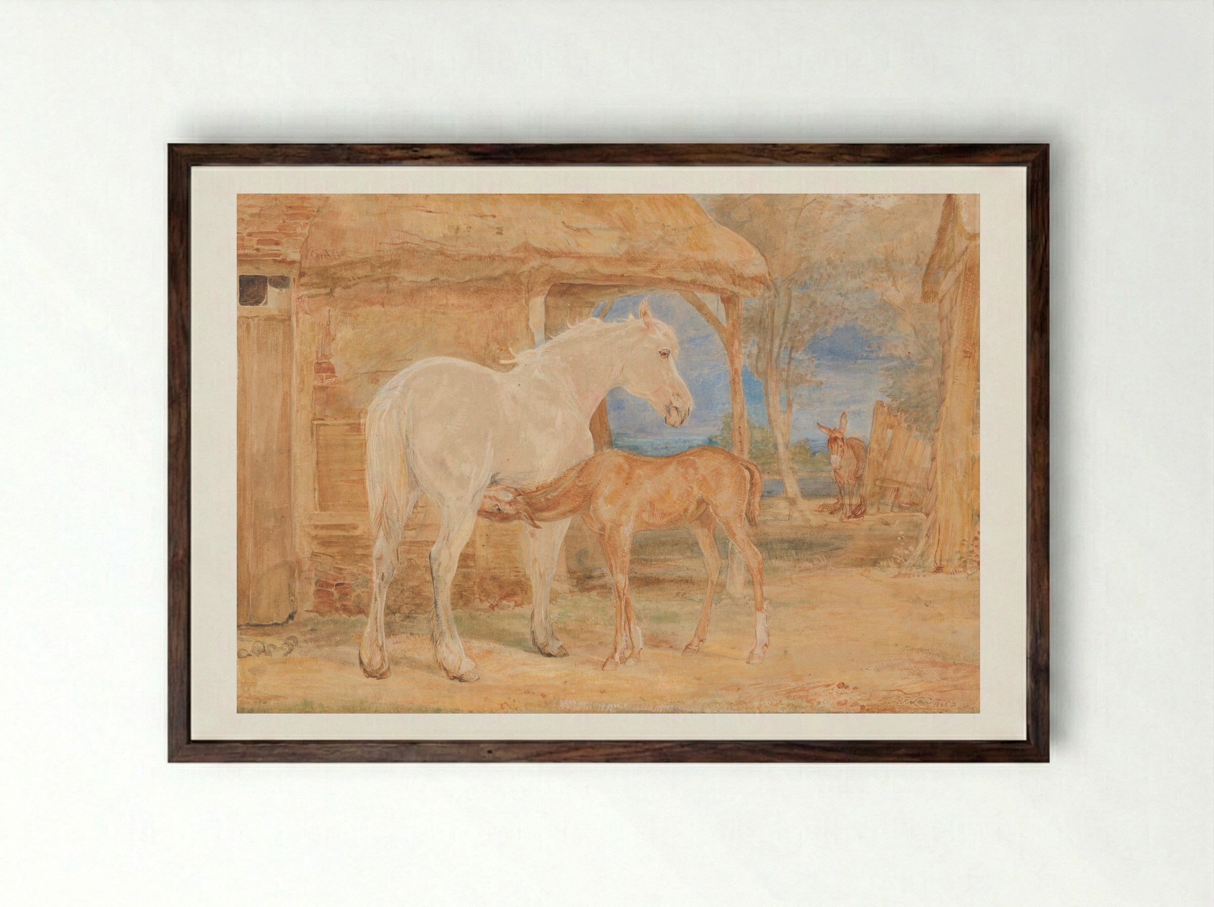 Mare and Foal - John Frederick Lewis - Framed Print Dark Wood