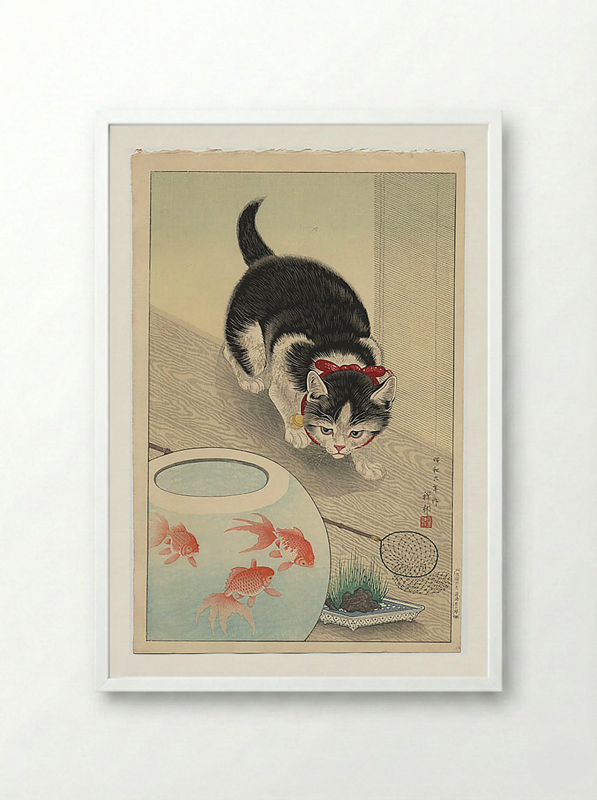 Cat and Bowl of Goldfish - Utagawa Kuniyoshi - Framed Print White