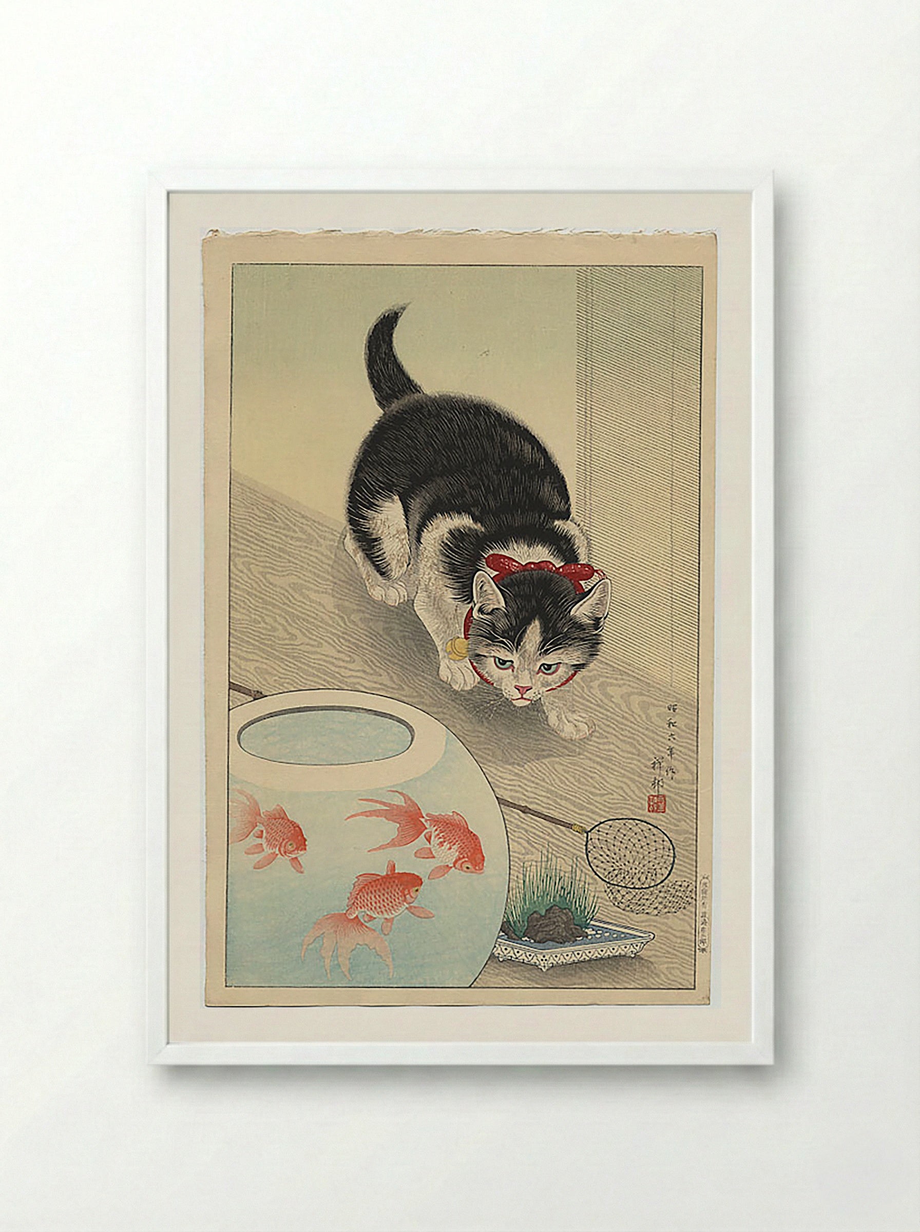 Cat and Bowl of Goldfish - Utagawa Kuniyoshi - Framed Print White