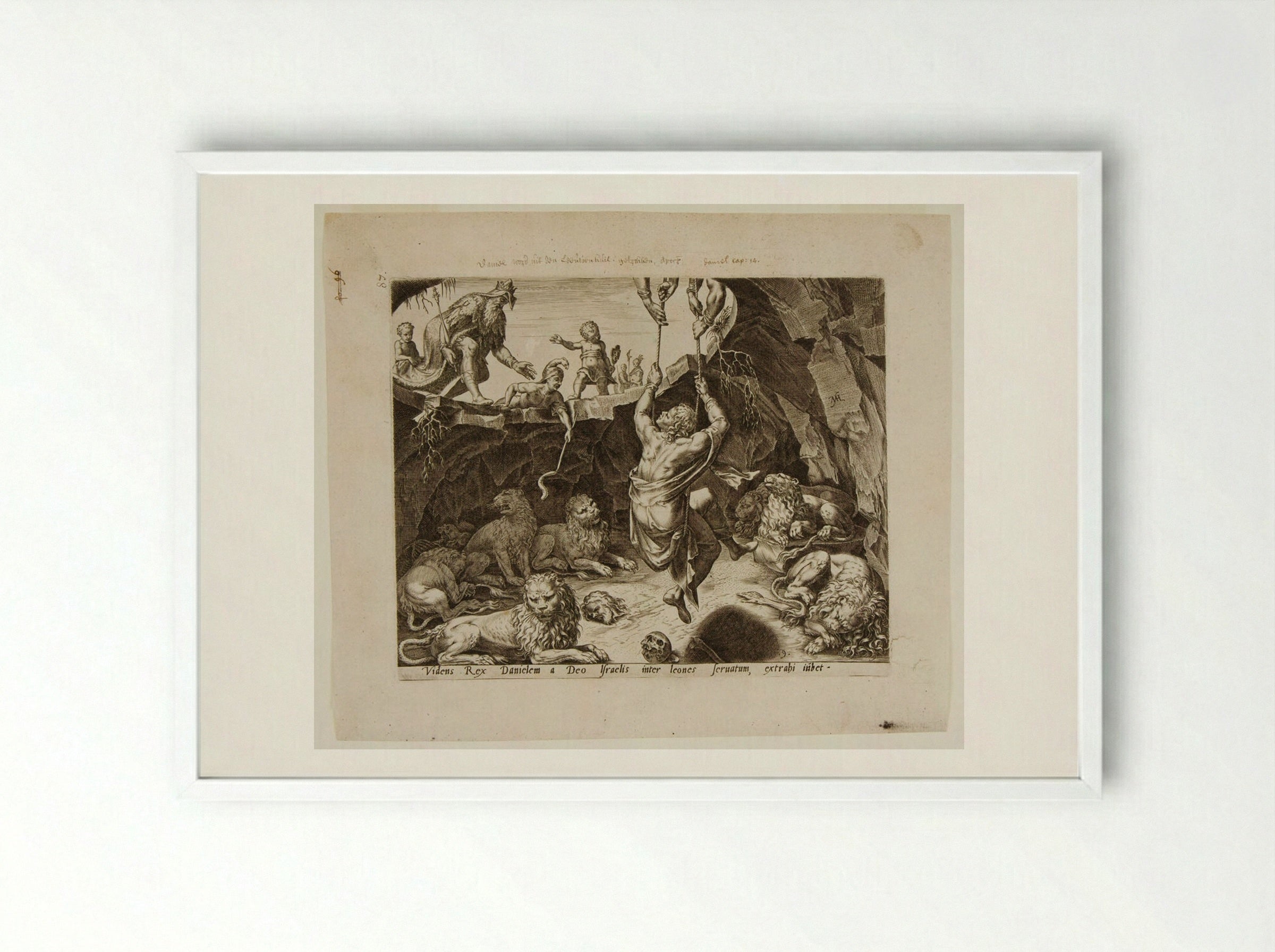 King Cyrus Rescues Daniel from the Lion's Den - Philips Galle - Framed Print White