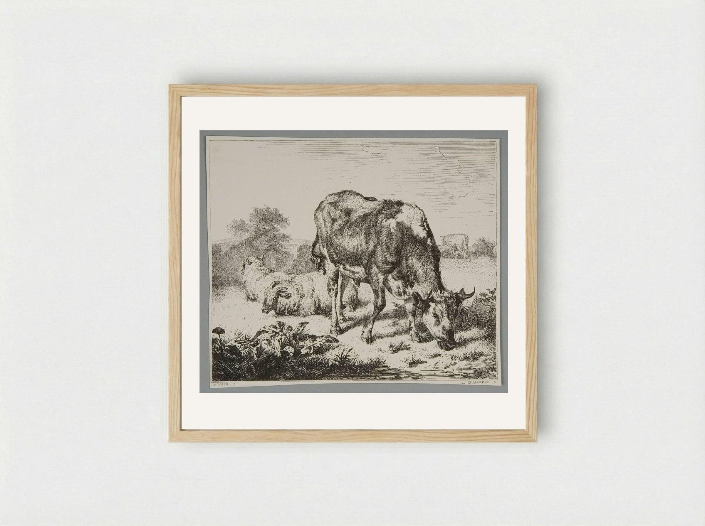 Ox and Three Sheep - Louis Dujardin - Framed Print Wood