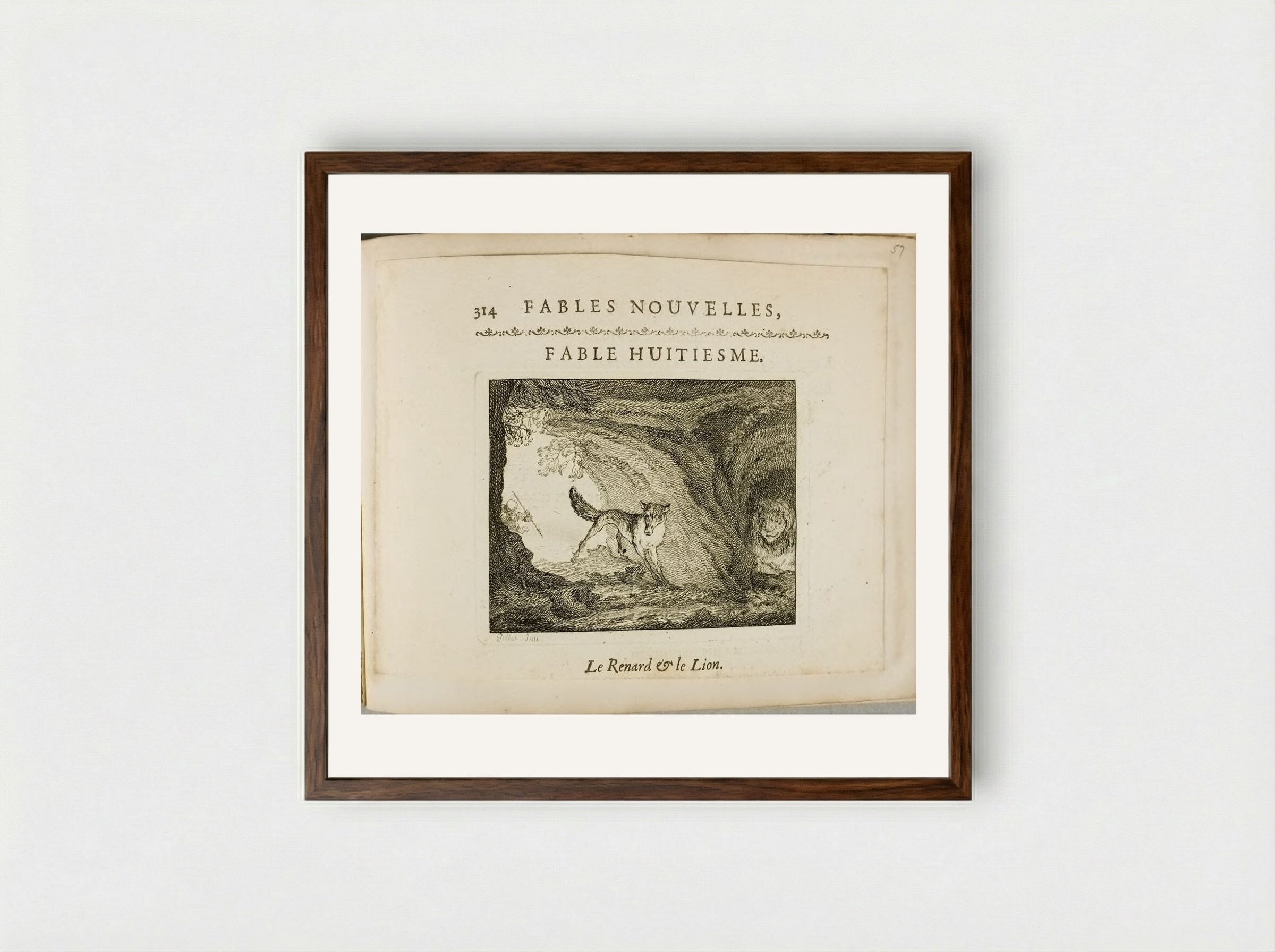 The Fox and the Lion - Claude Gillot - Framed Print Dark Wood