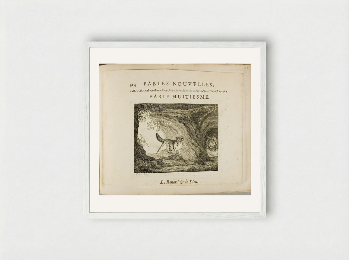 The Fox and the Lion - Claude Gillot - Framed Print White