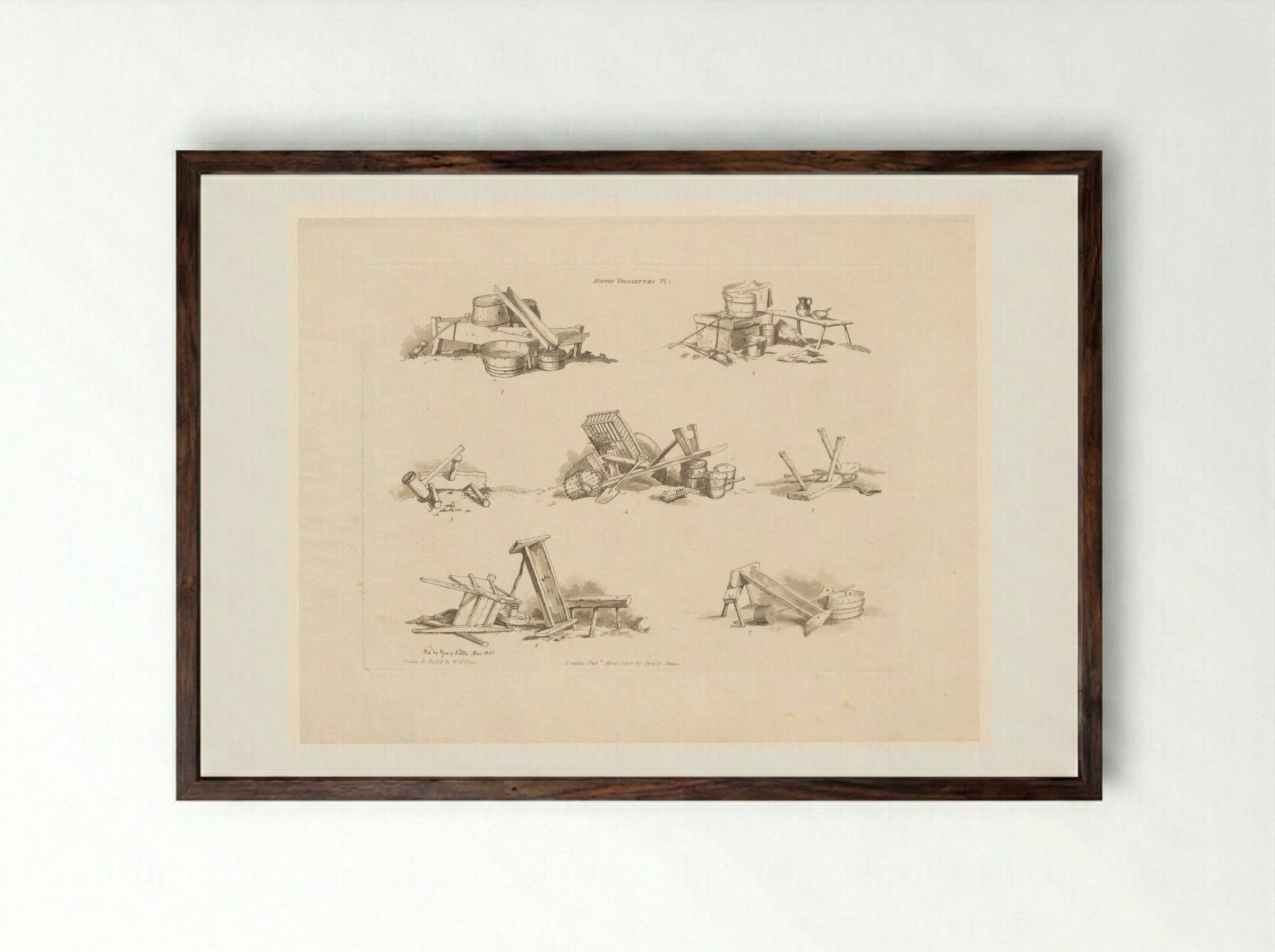Rustic Vignettes, Plate 1 - William Henry Pyne - Framed Print Dark Wood
