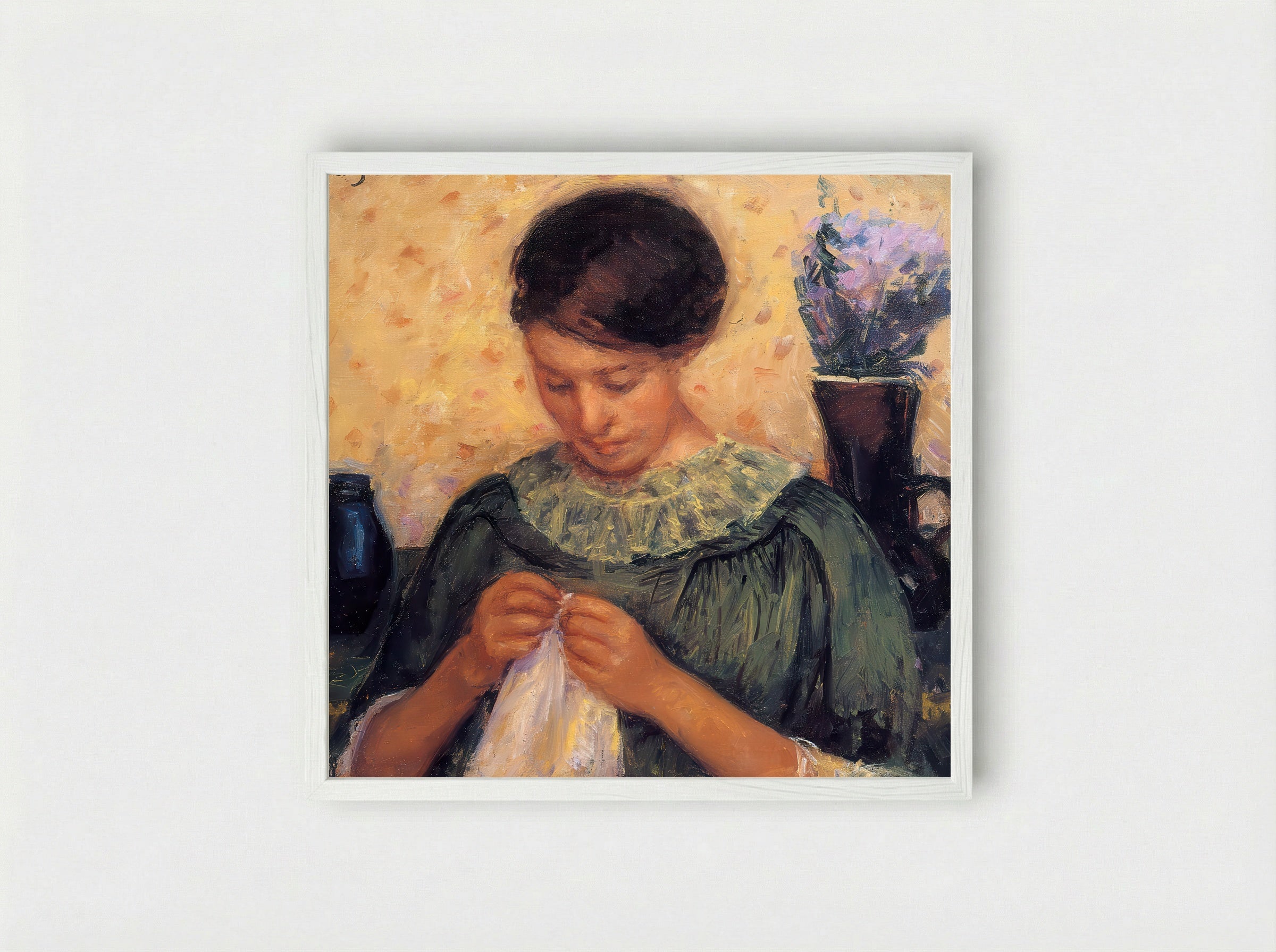 Young Woman Sewing - Mary Cassatt - Framed Print White