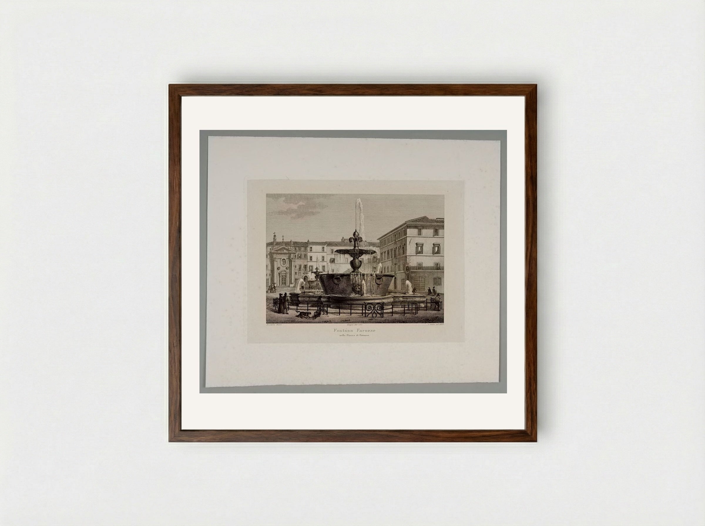 Farnese Fountain in the Piazza Farnese - Domenico Amici - Framed Print Dark Wood