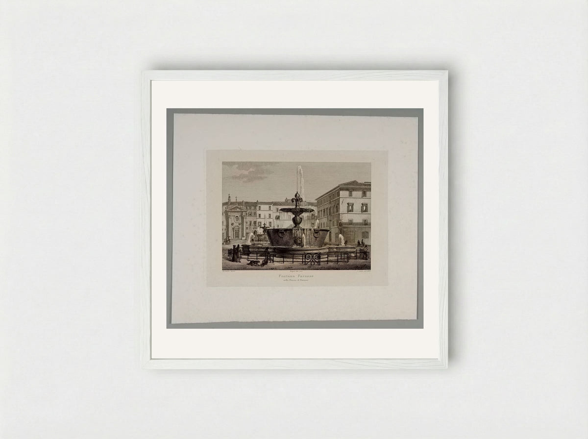 Farnese Fountain in the Piazza Farnese - Domenico Amici - Framed Print White