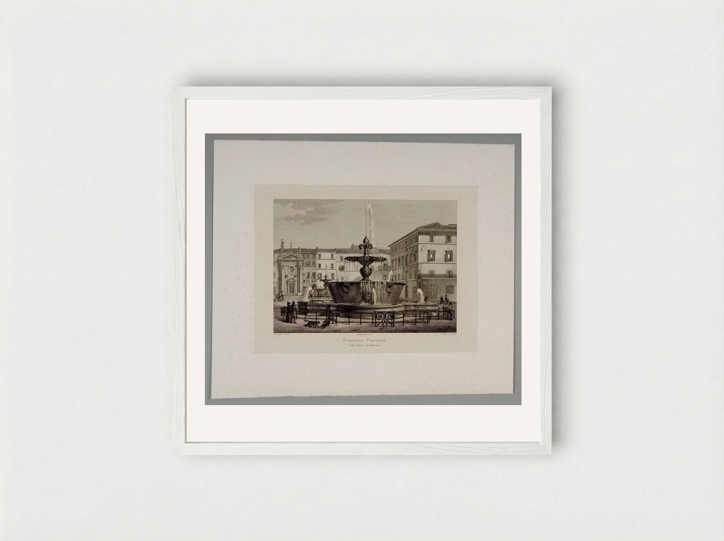 Farnese Fountain in the Piazza Farnese - Domenico Amici - Framed Print White