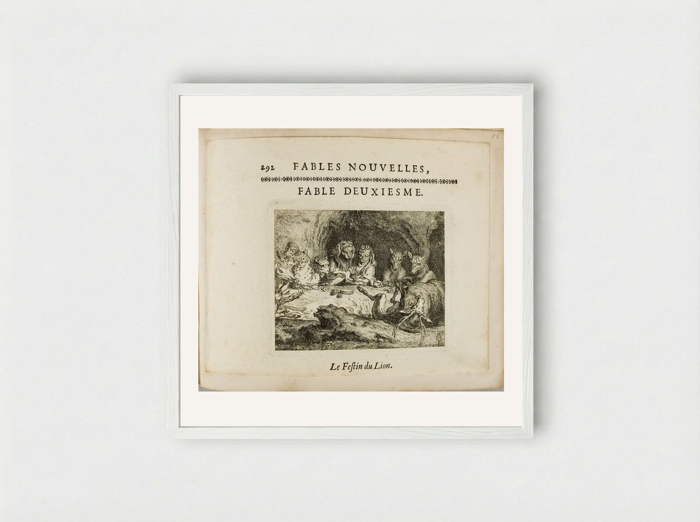 The Lion's Dinner Party - Claude Gillot - Framed Print White