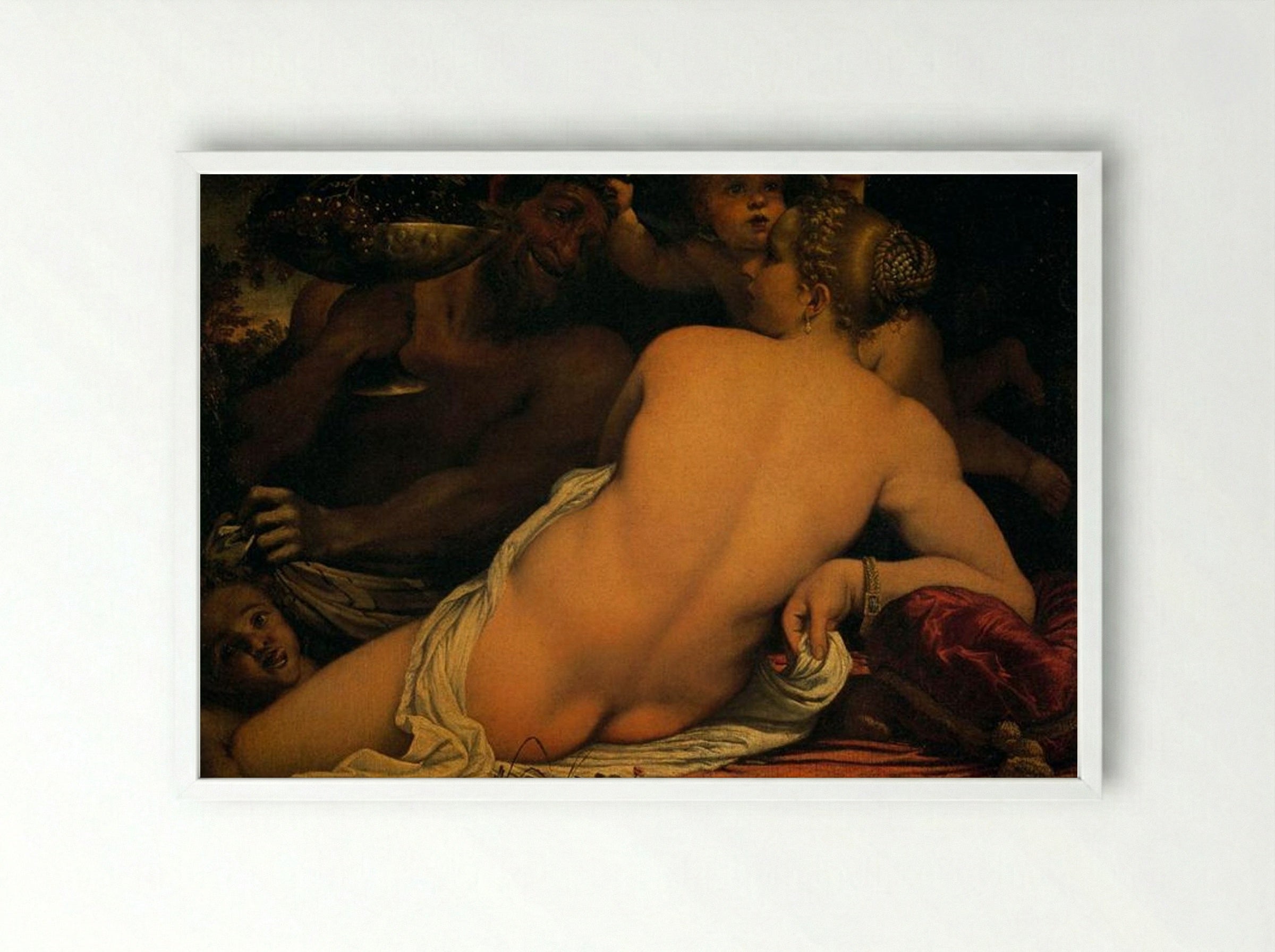 Venus with a Satyr and Cupids - Annibale Carracci - Framed Print White