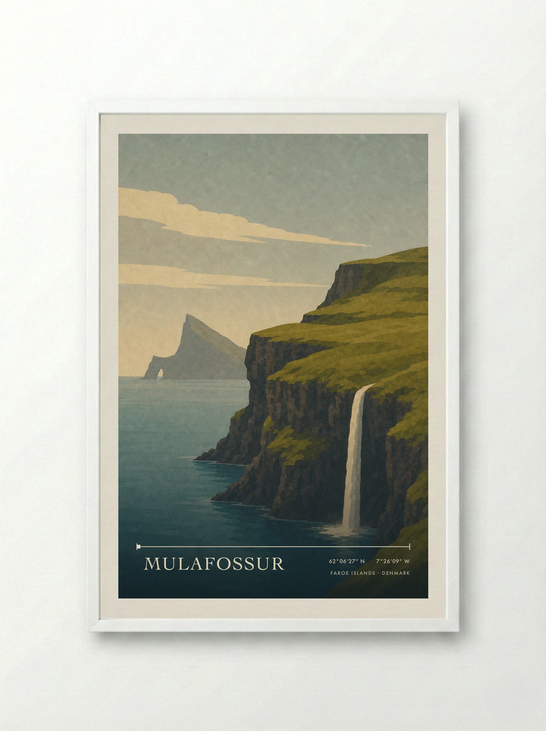 Mulafossur Travel Poster Artwork - Framed Print White