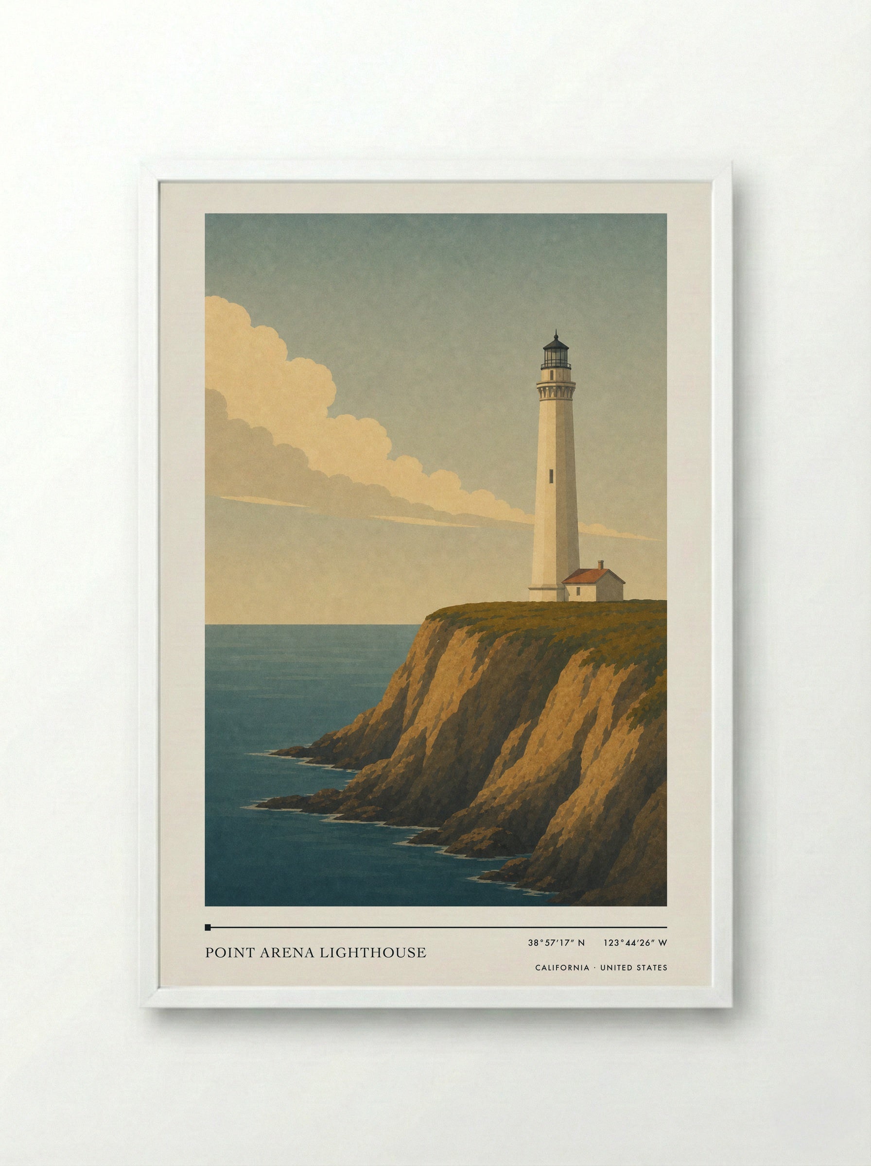 Point Arena Lighthouse Travel Poster Artwork - Framed Print White
