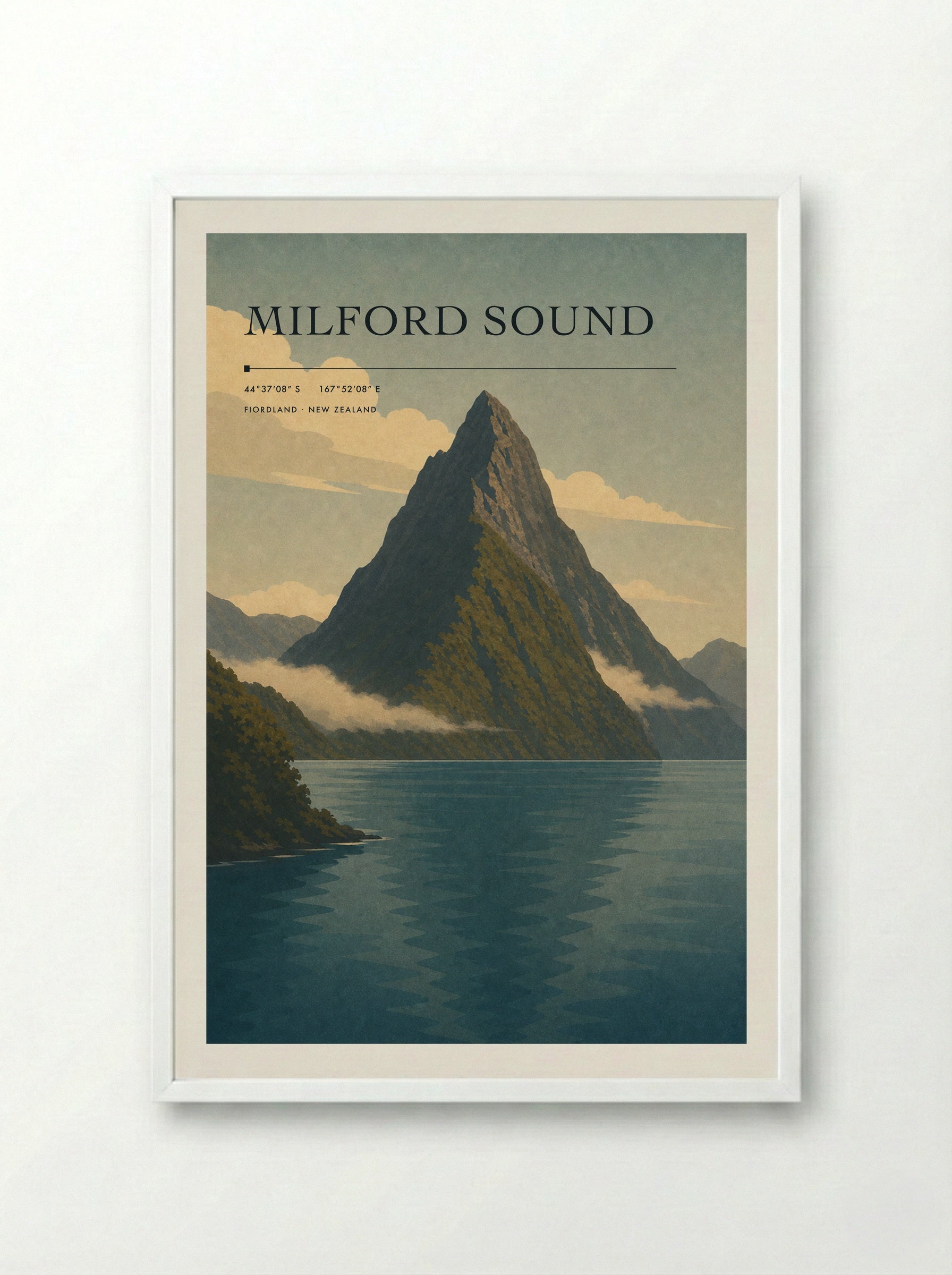 Milford Sound Travel Poster Artwork - Framed Print White