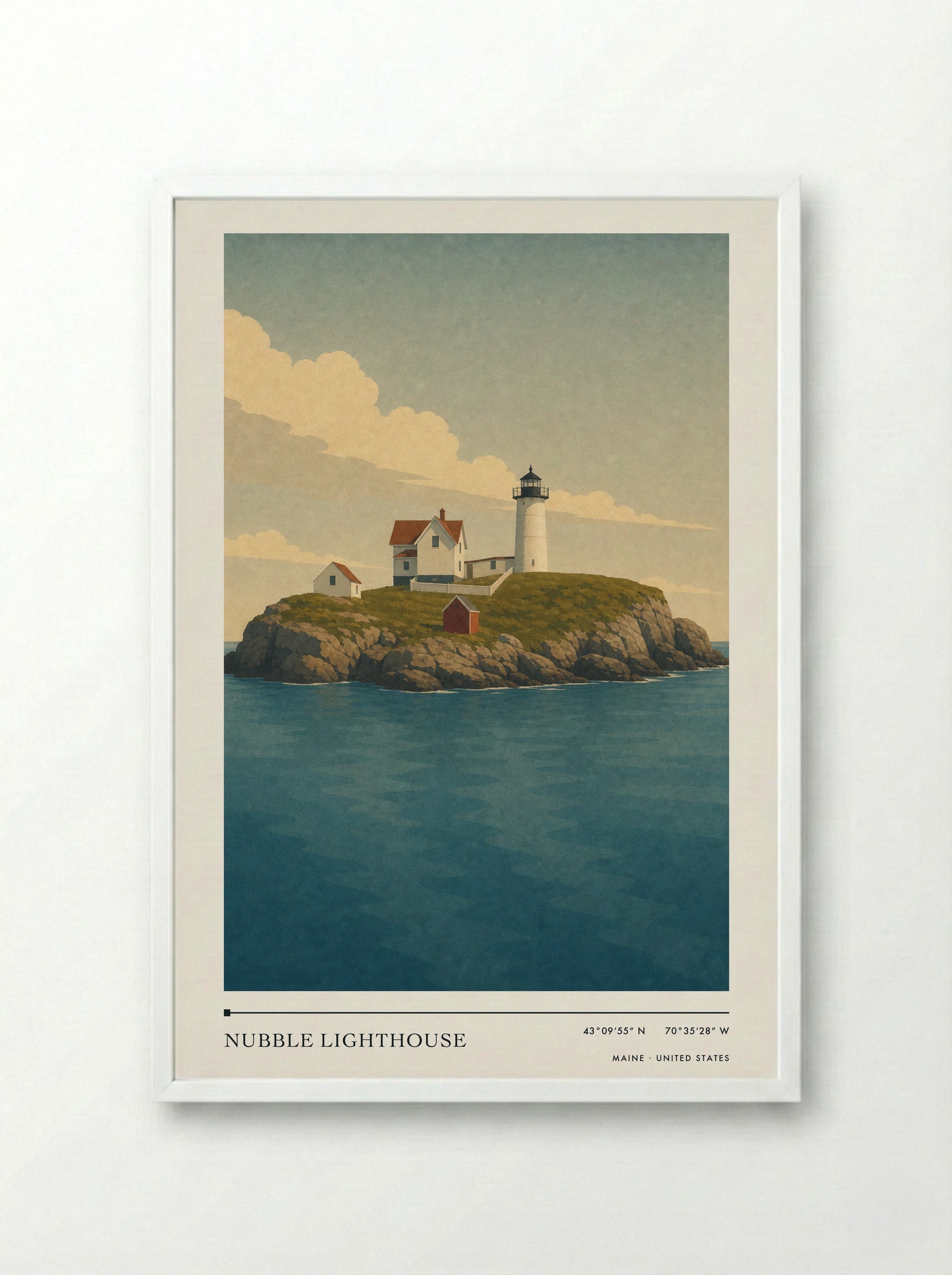 Nubble Lighthouse Travel Poster Artwork - Framed Print White