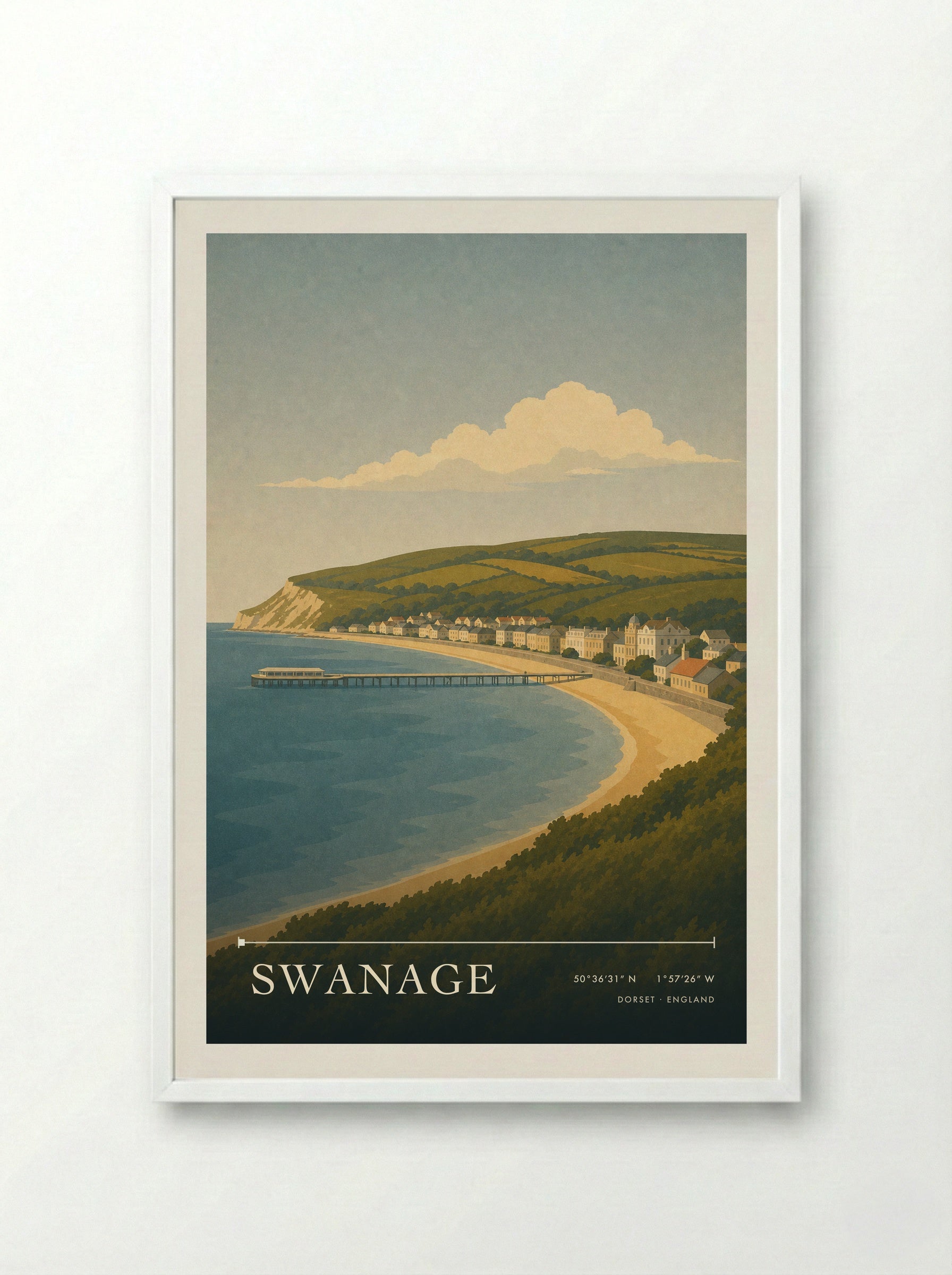 Swanage Dorset Travel Poster - Framed Print White