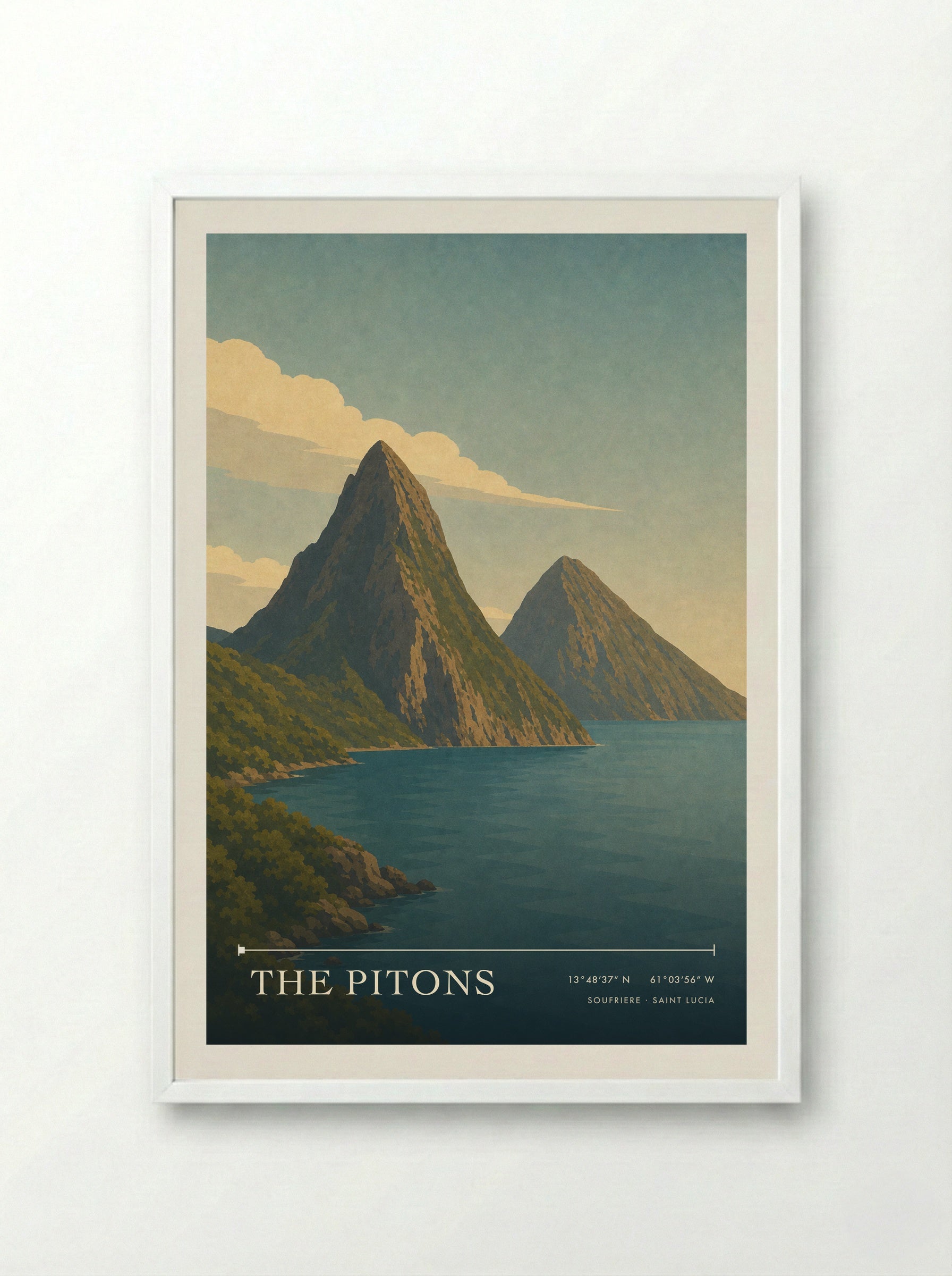 The Pitons Travel Poster Artwork - Framed Print White