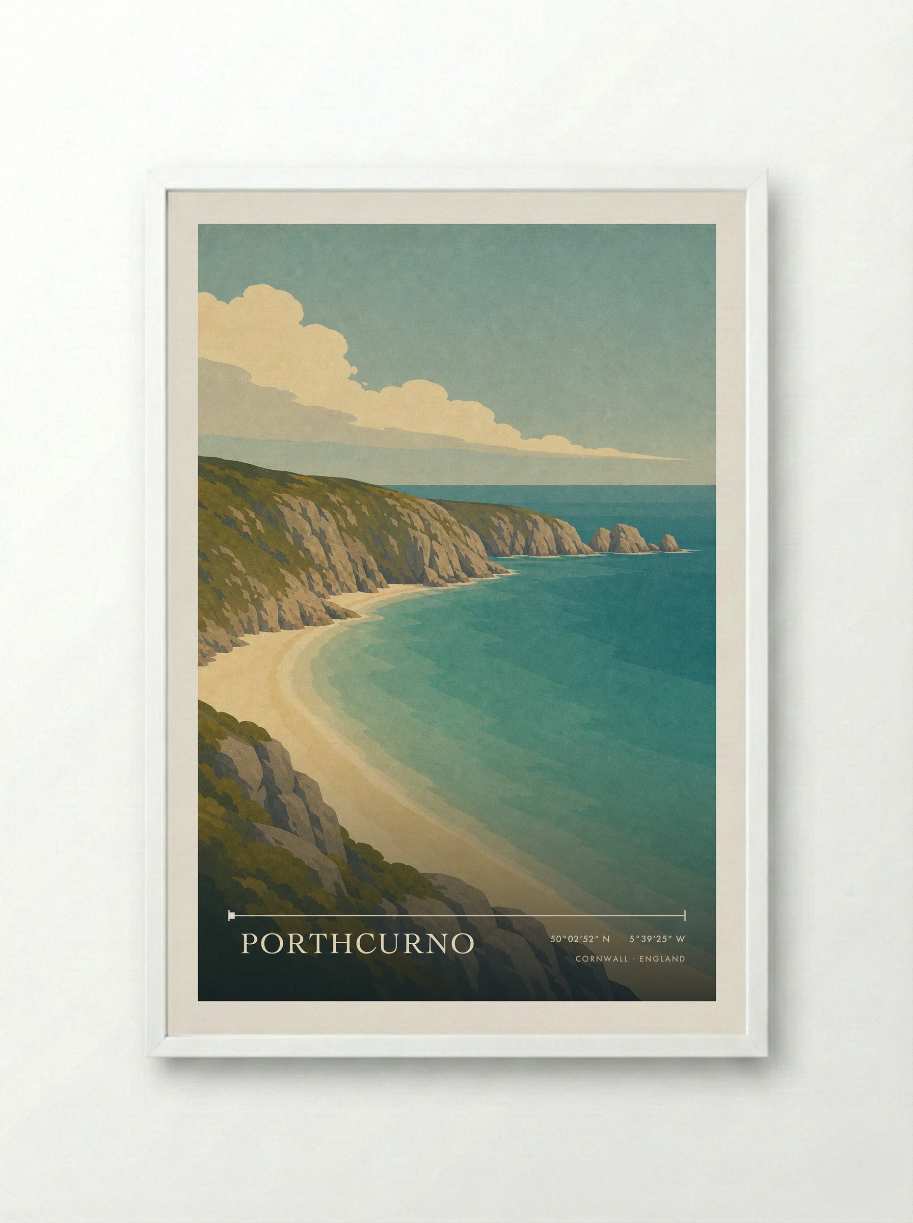 Porthcurno Travel Poster Artwork - Framed Print White