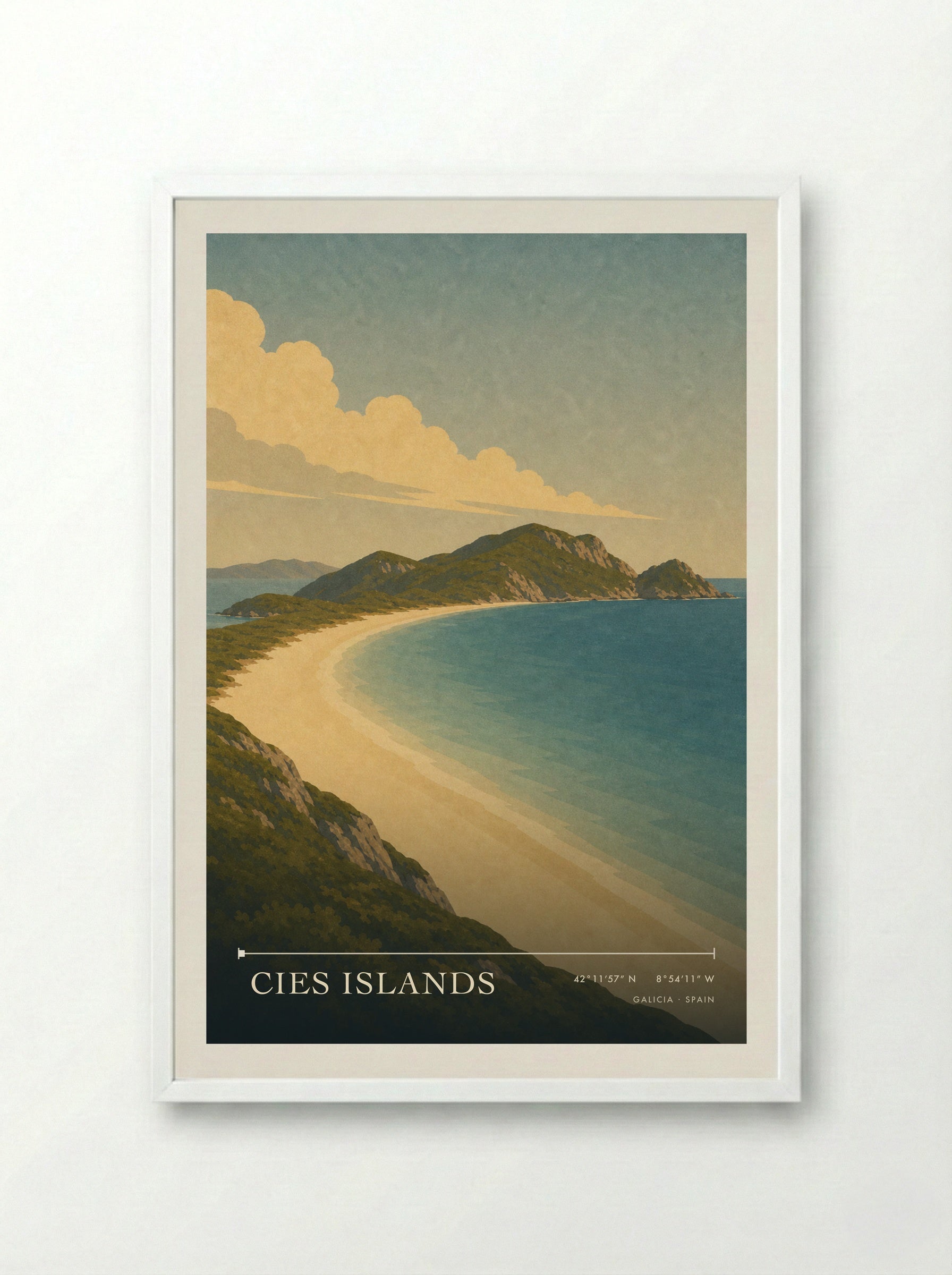Cies Islands Travel Poster Artwork - Framed Print White