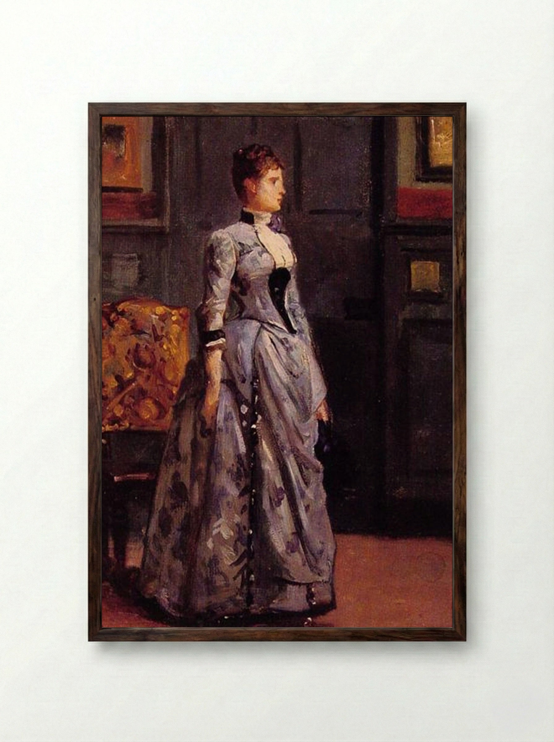 Portrait of a Woman in Blue - Alfred Stevens - Framed Print Dark Wood