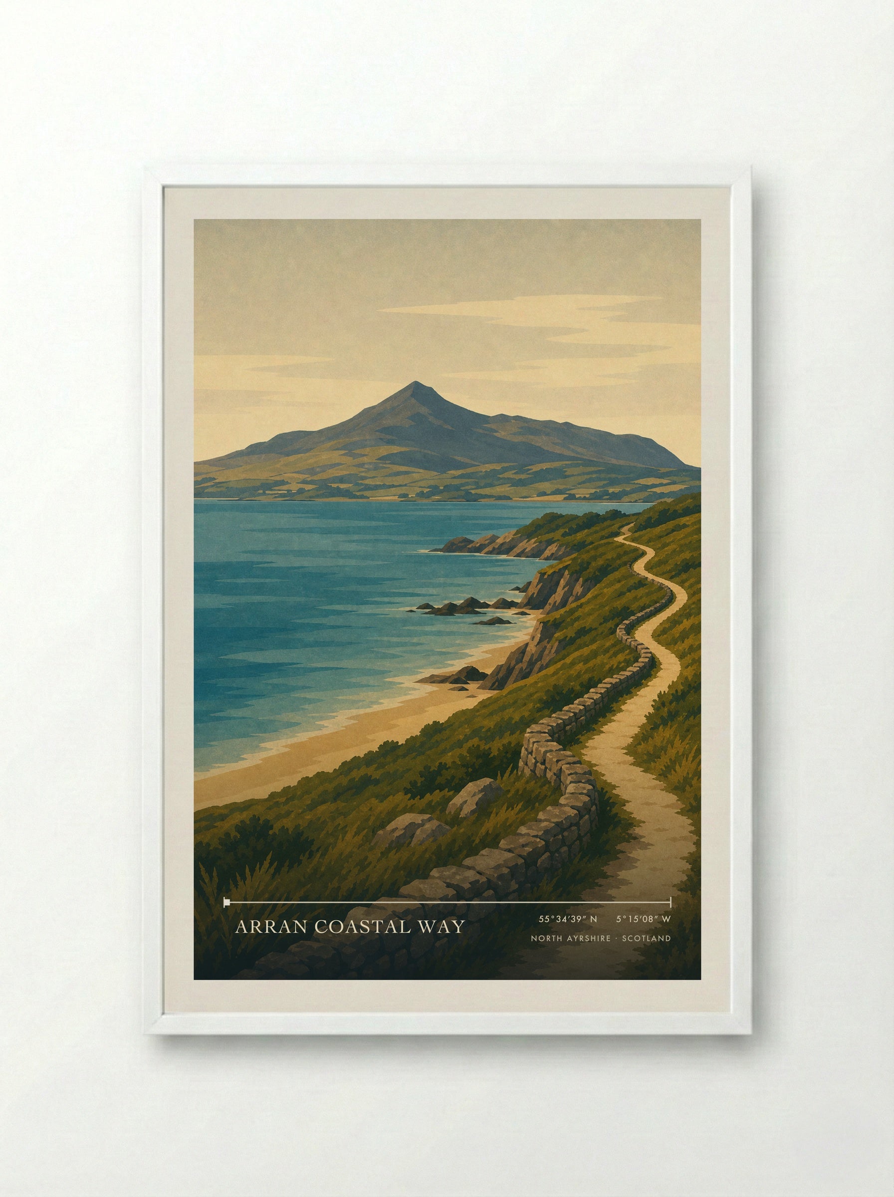Arran Coastal Way Travel Poster Artwork - Framed Print White