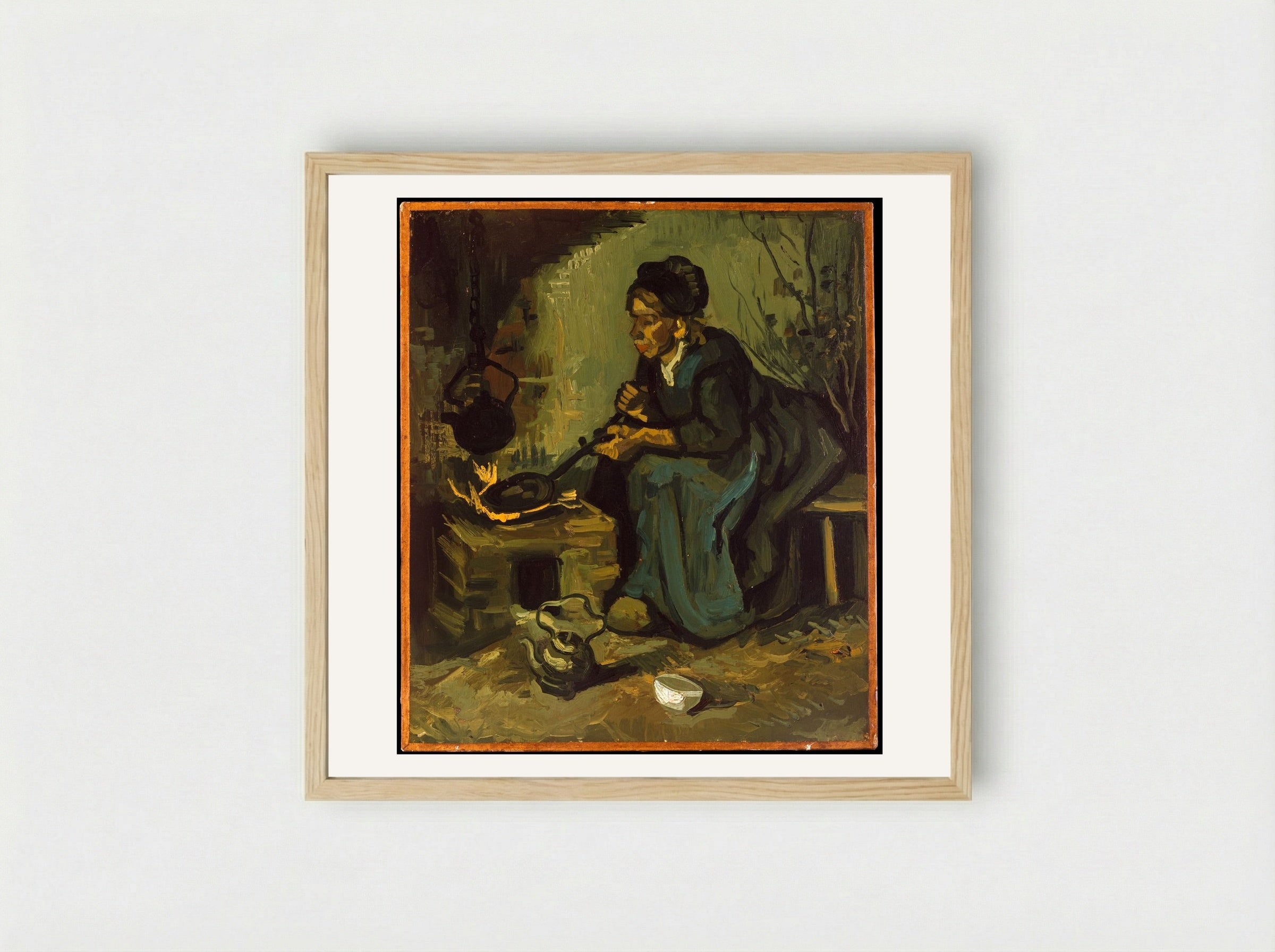 Peasant Woman Cooking by a Fireplace - Vincent van Gogh - Framed Print Wood