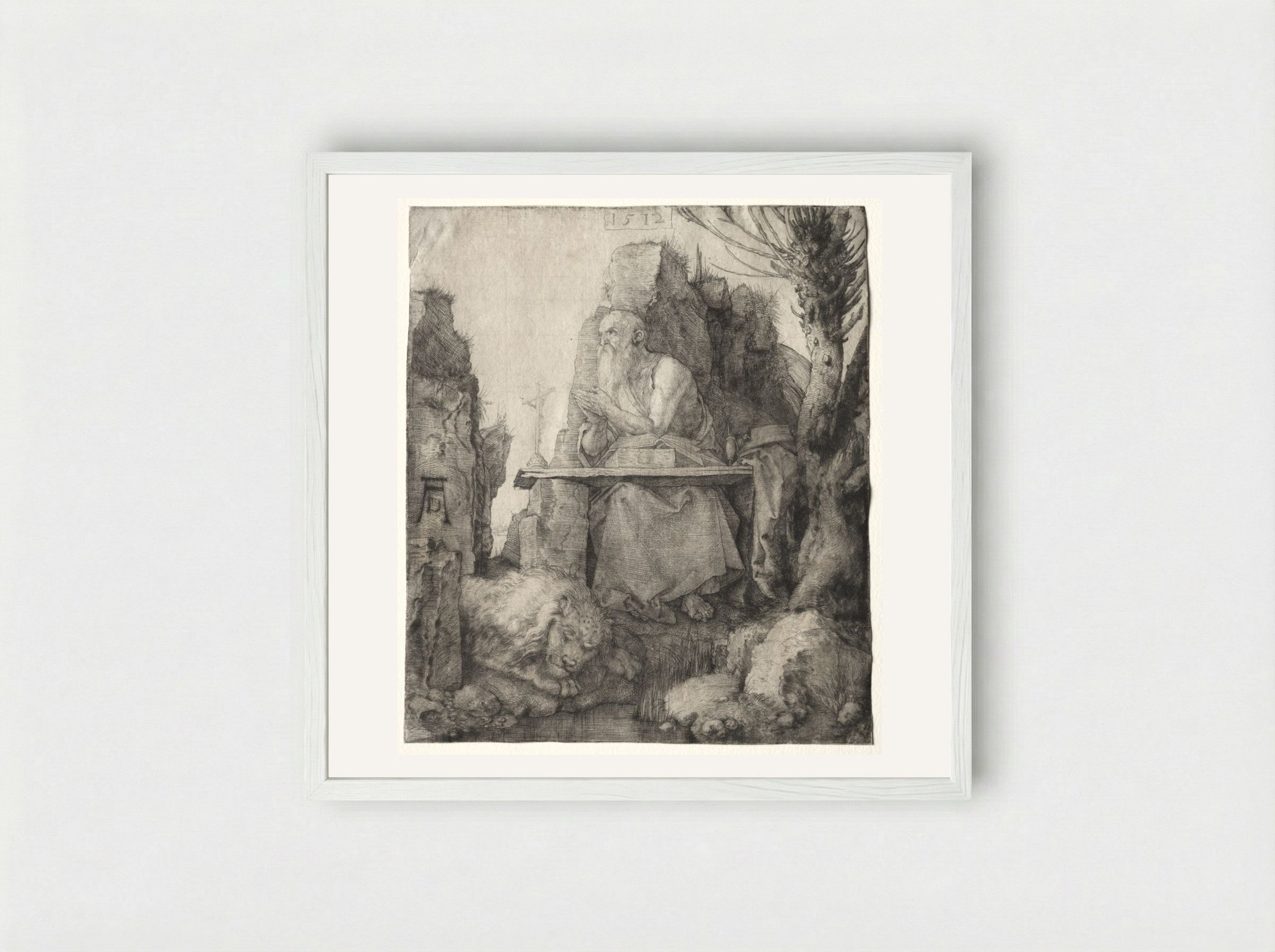 St. Jerome Seated near a Pollard Willow - Albrecht Dürer - Framed Print White