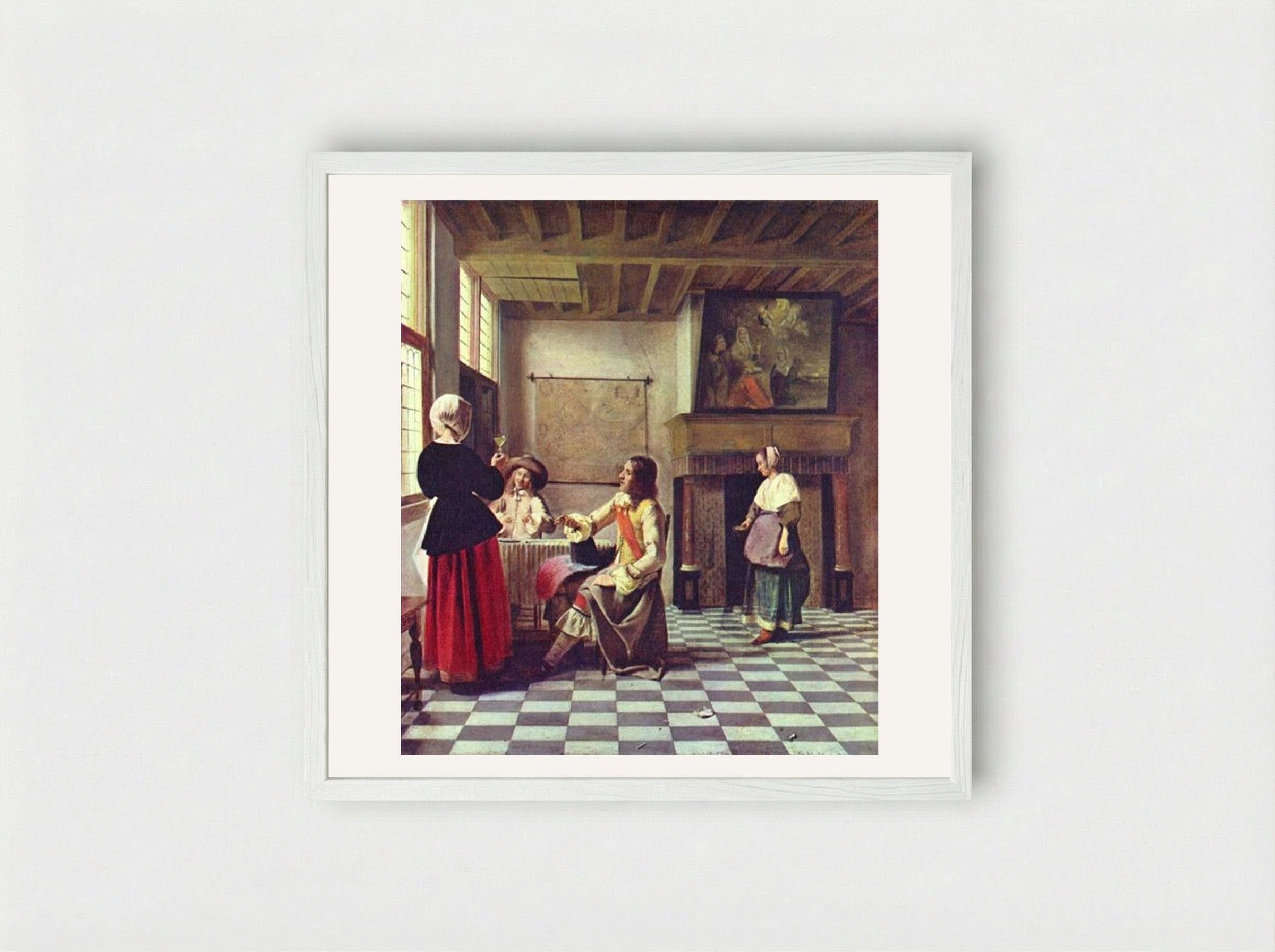 A Woman Drinking with Two Men - Pieter de Hooch - Framed Print White