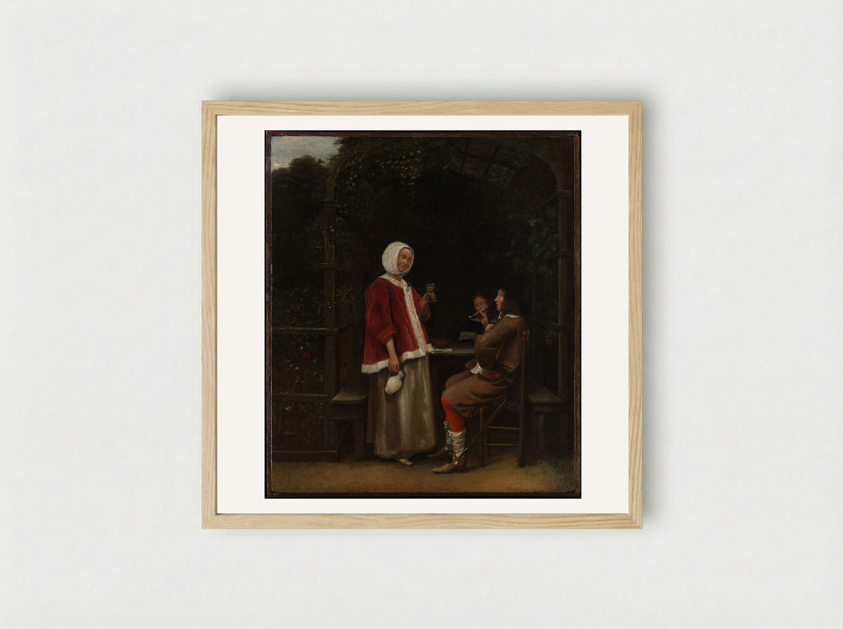 A Woman and Two Men in an Arbor - Pieter de Hooch - Framed Print Wood