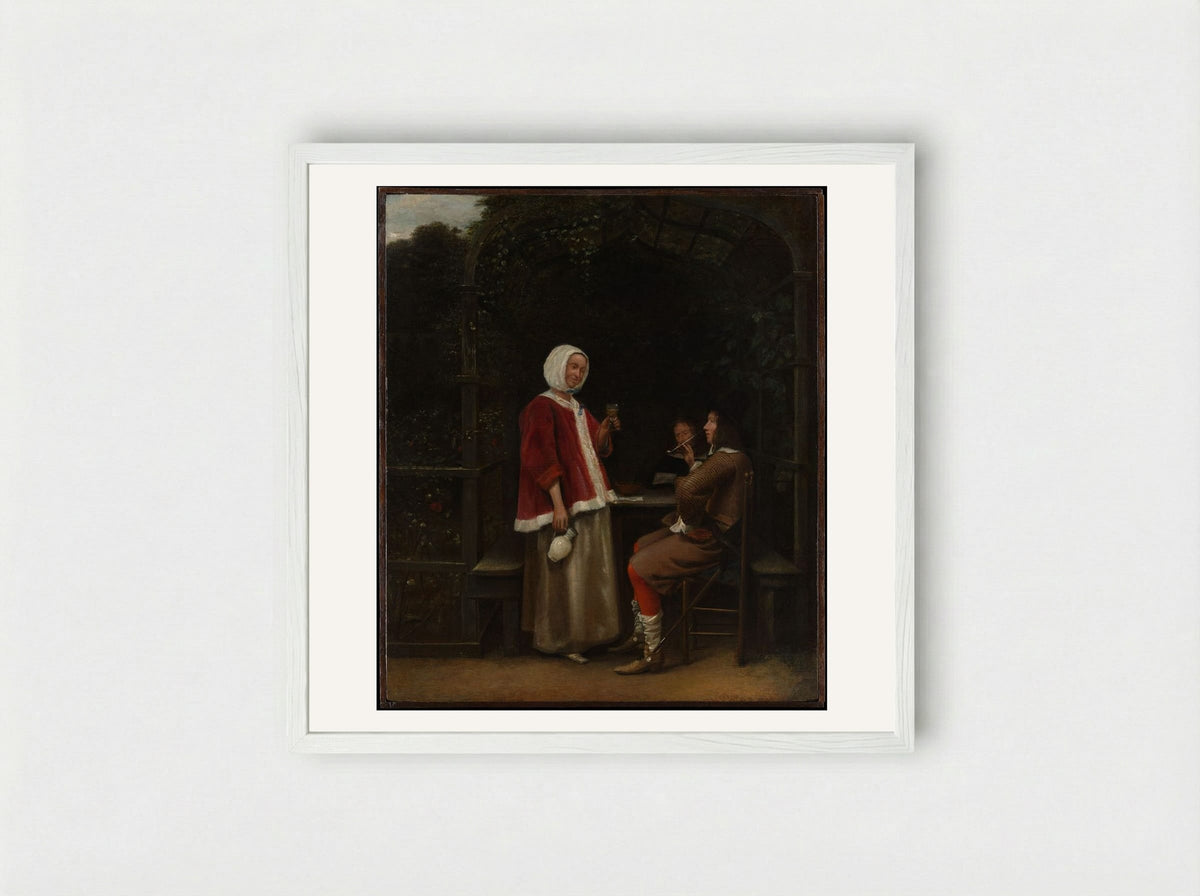 A Woman and Two Men in an Arbor - Pieter de Hooch - Framed Print White