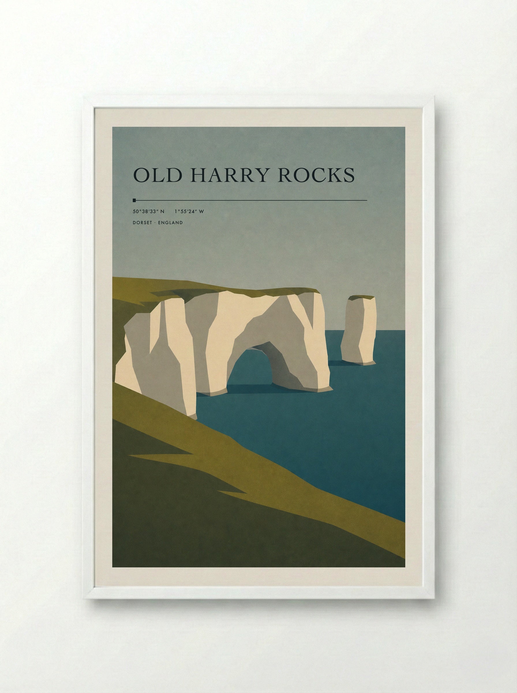 Old Harry Rocks Dorset Travel Poster - Framed Print White