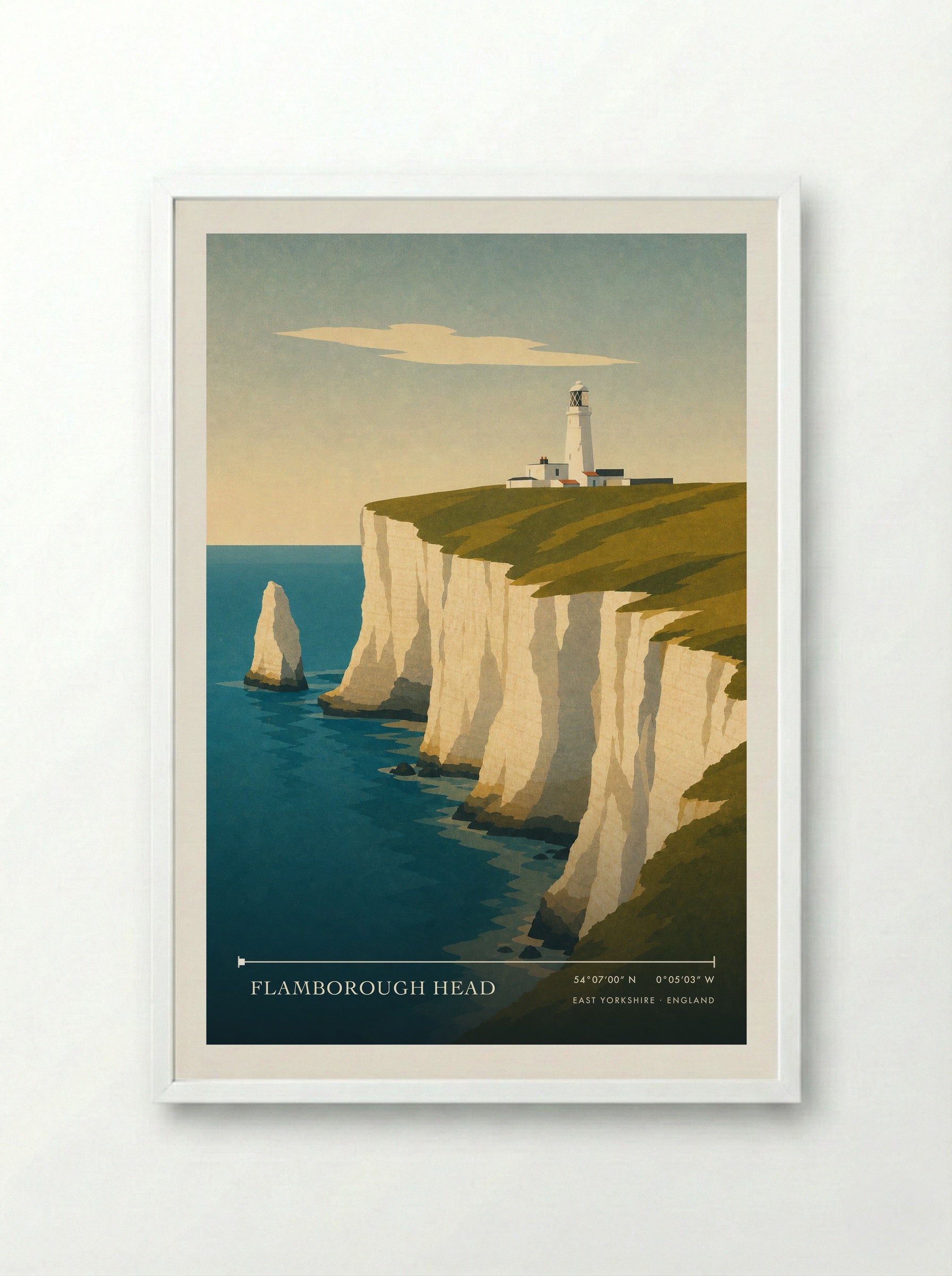 Flamborough Head Travel Poster Artwork - Framed Print White