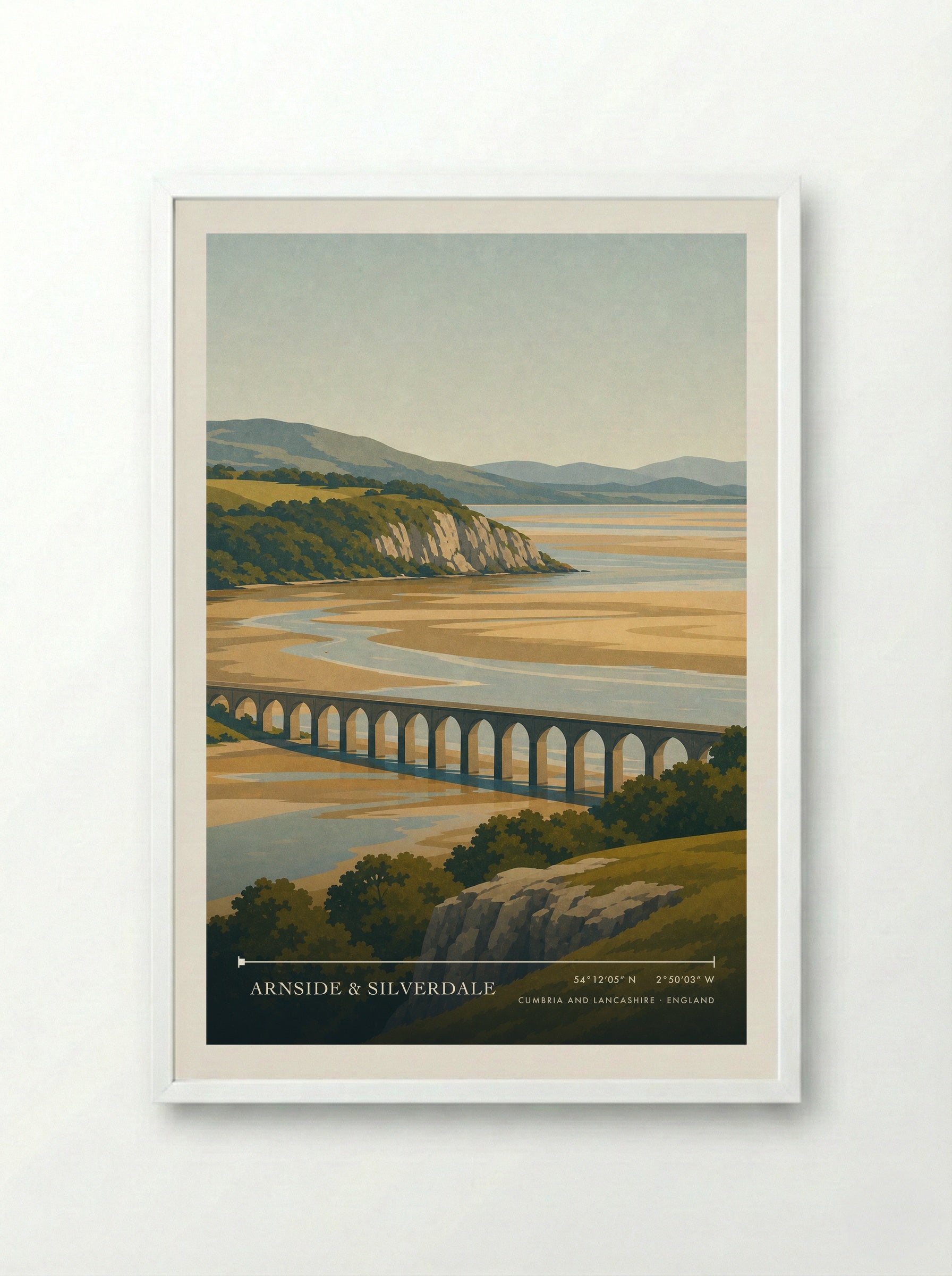 Arnside & Silverdale Travel Poster Artwork - Framed Print White