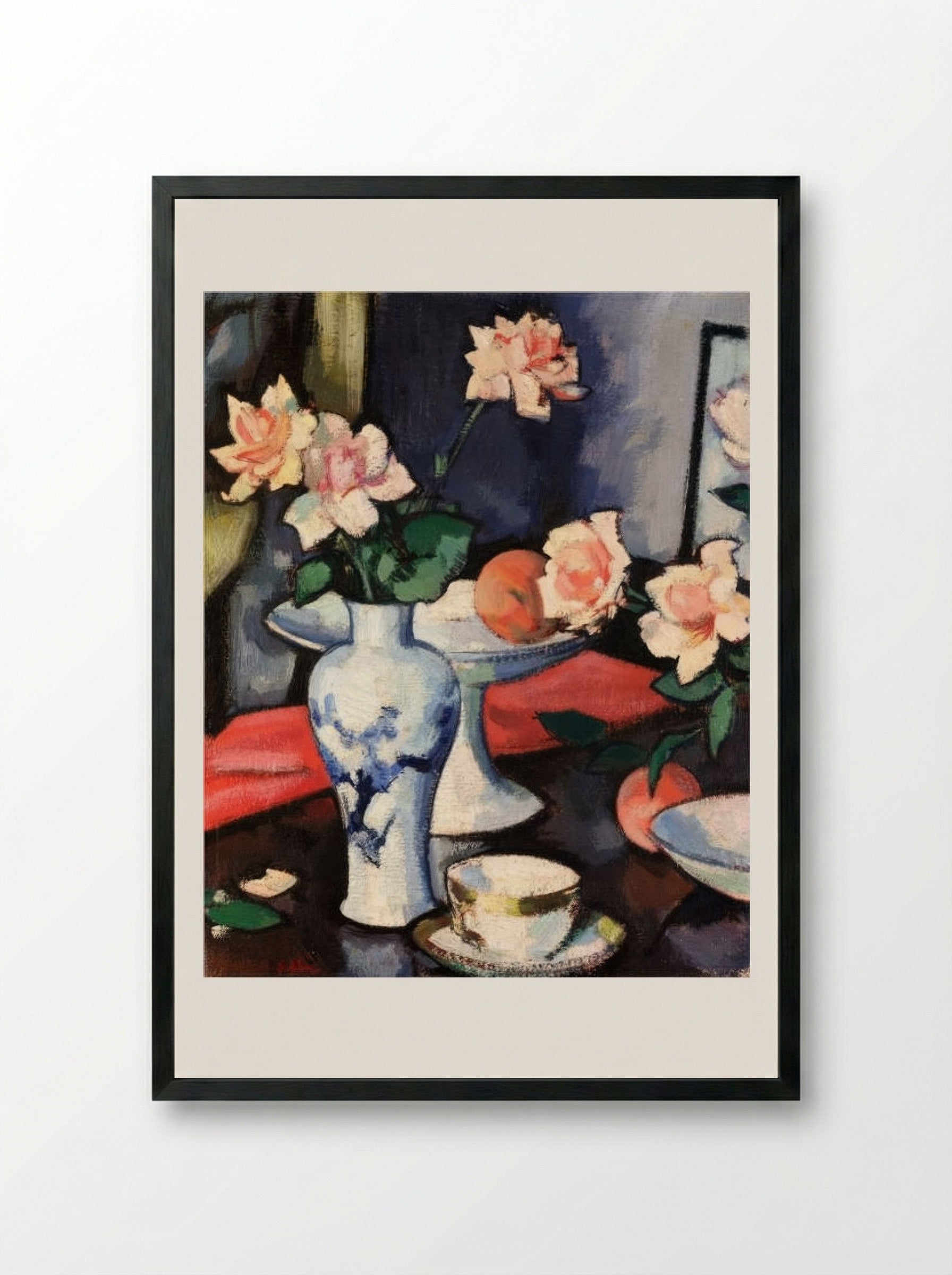 Still Life with Roses in a Chinese Vase - Samuel Peploe - Framed Print Black