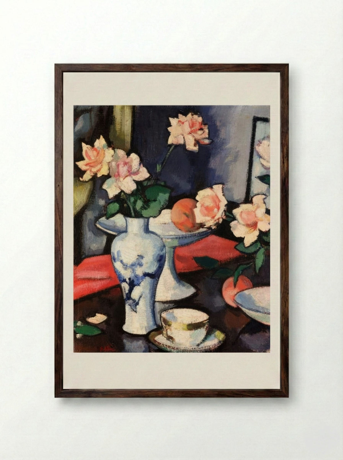 Still Life with Roses in a Chinese Vase - Samuel Peploe - Framed Print Dark Wood