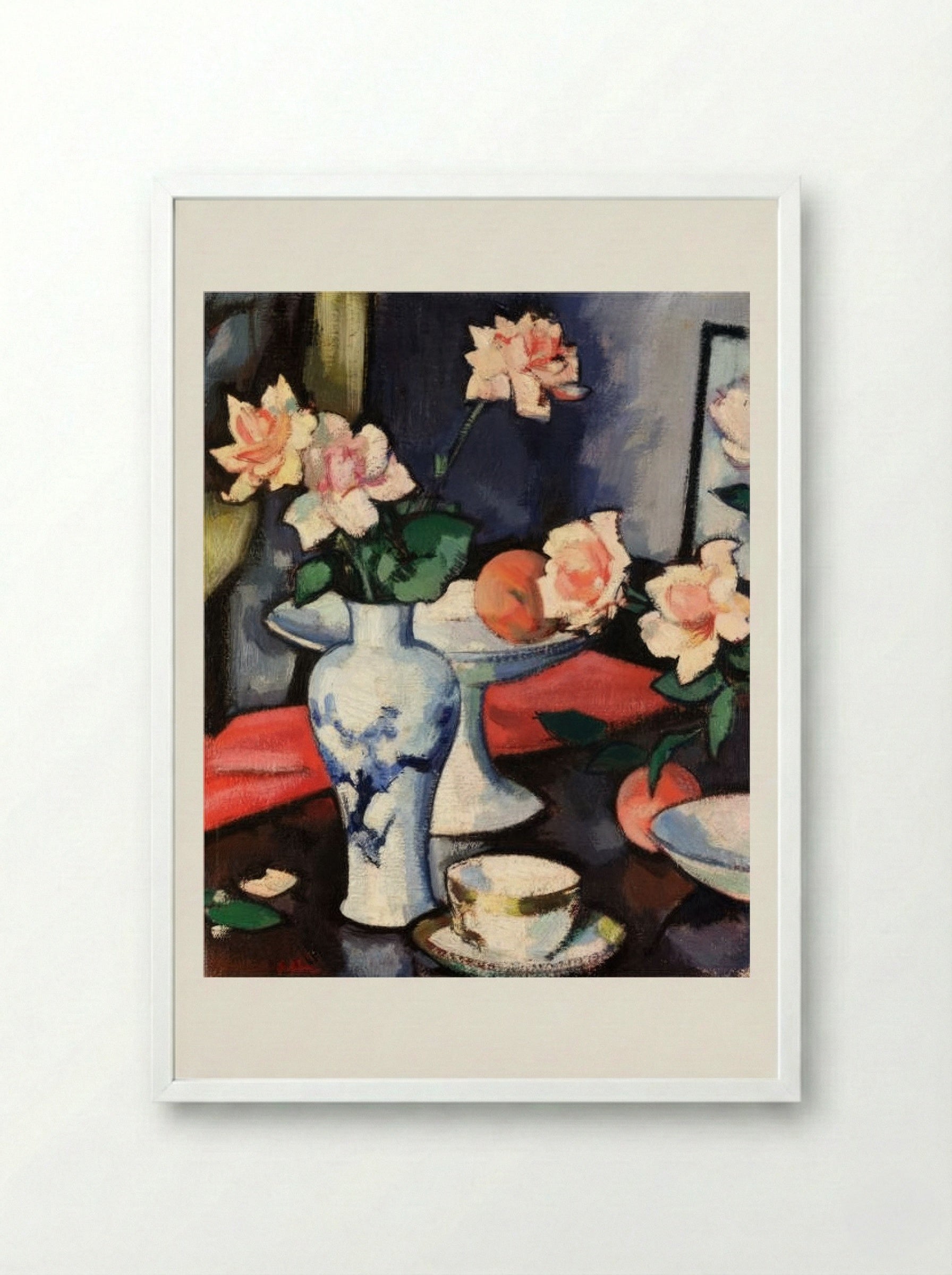Still Life with Roses in a Chinese Vase - Samuel Peploe - Framed Print White