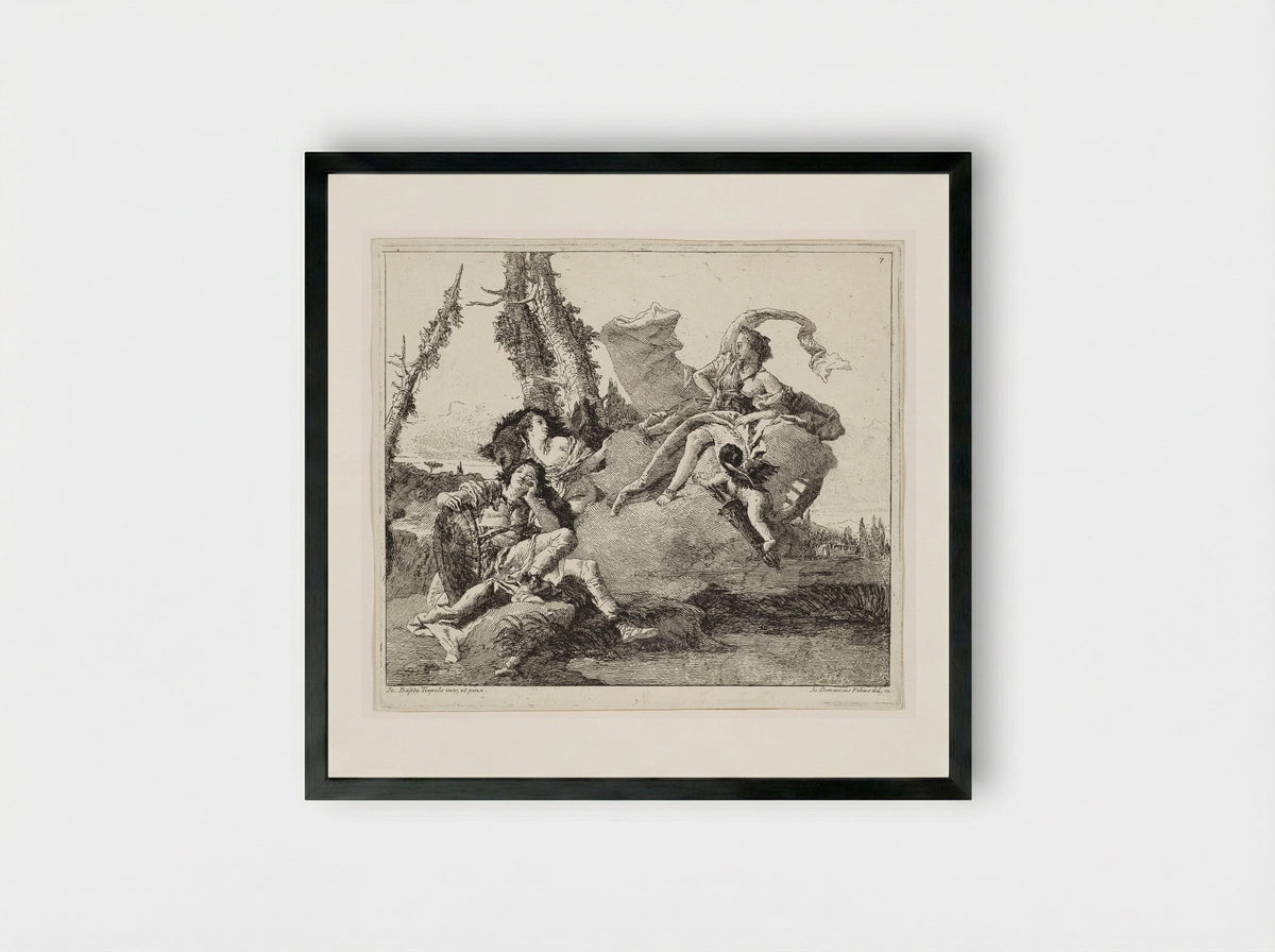 Armida Encounters the Sleeping Rinaldo - Giovanni Domenico Tiepolo - Framed Print Black