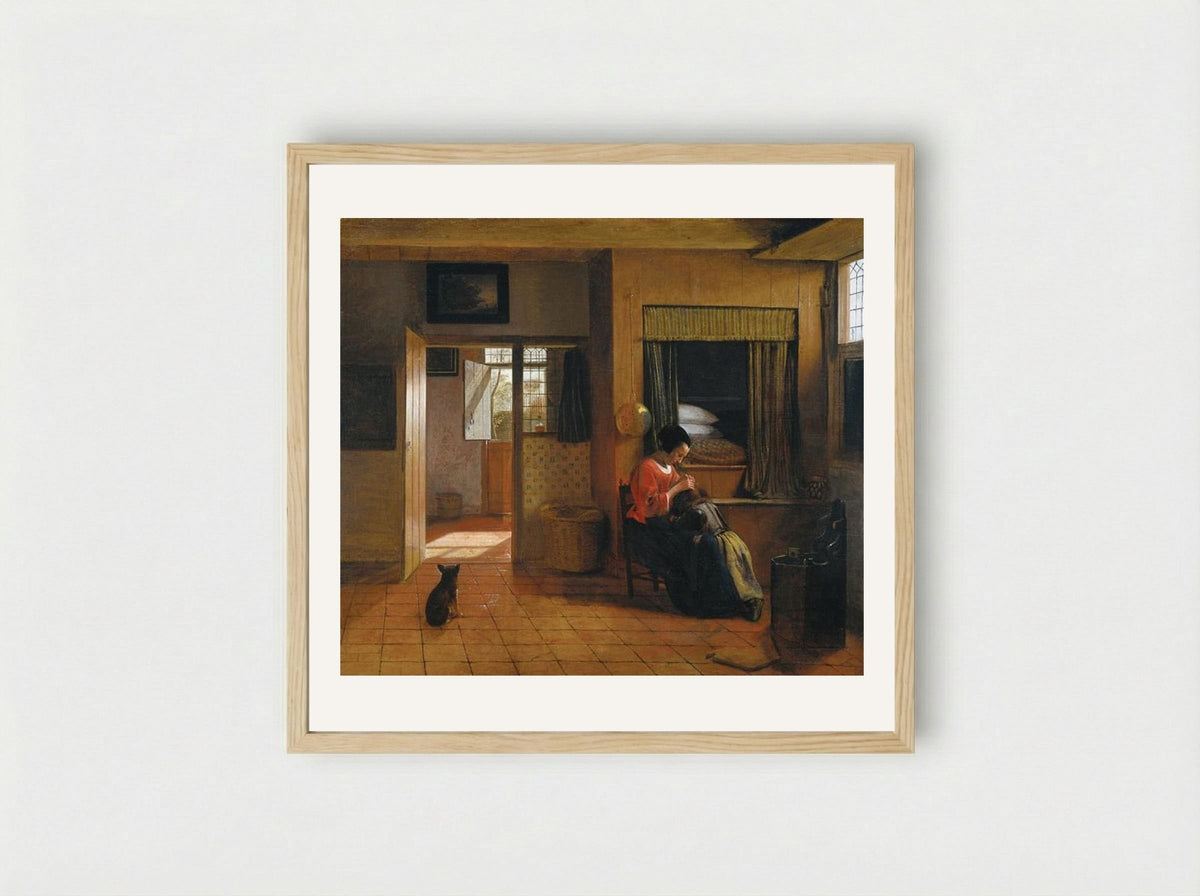 Interior with a Mother delousing her Child - Pieter de Hooch - Framed Print Wood