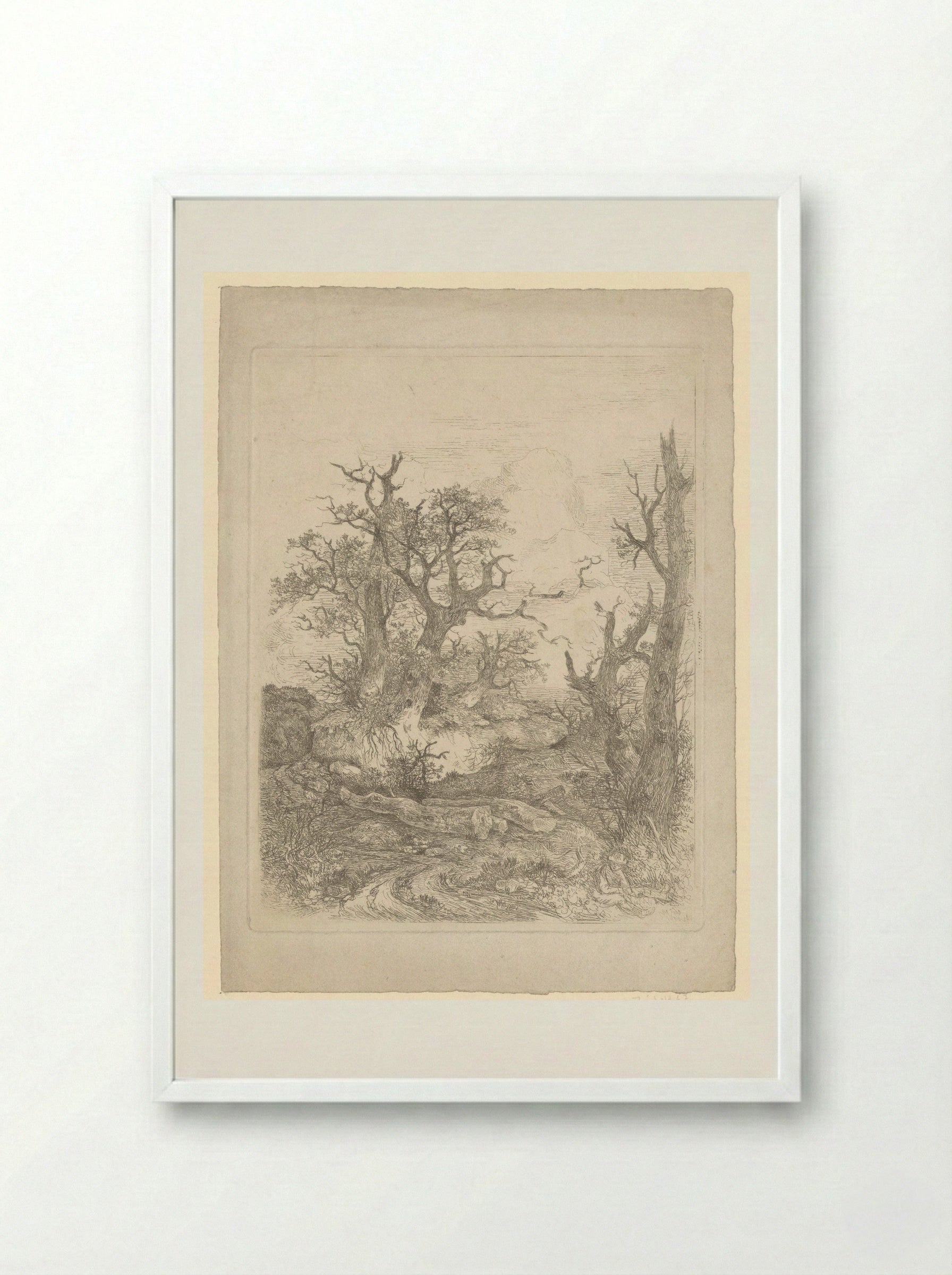 Boy Sitting Before a Bare Tree, Three Tree Trunks in the Centre - John Crome - Framed Print White