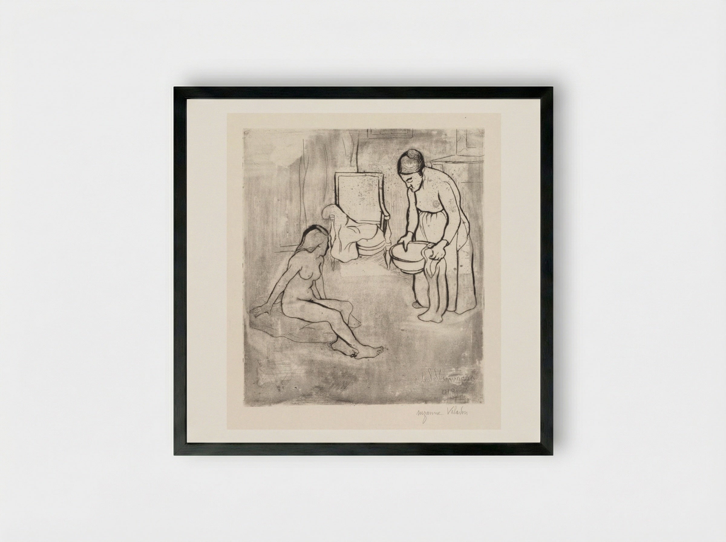 Grandmother with Louise, Nude Seated on the Floor - Suzanne Valadon - Framed Print Black