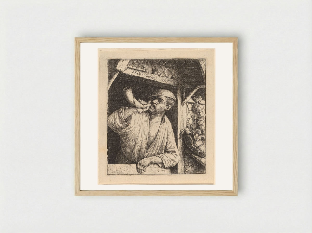 The Baker Sounding His Horn - Adriaen van Ostade - Framed Print Wood