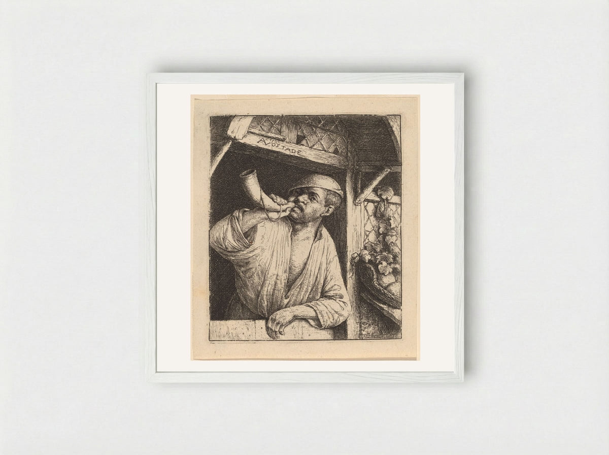 The Baker Sounding His Horn - Adriaen van Ostade - Framed Print White