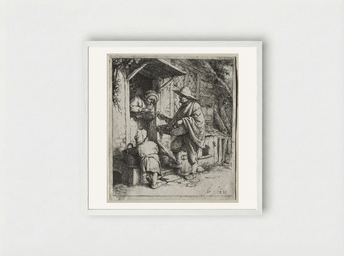 The Spectacle Seller - Adriaen van Ostade - Framed Print White