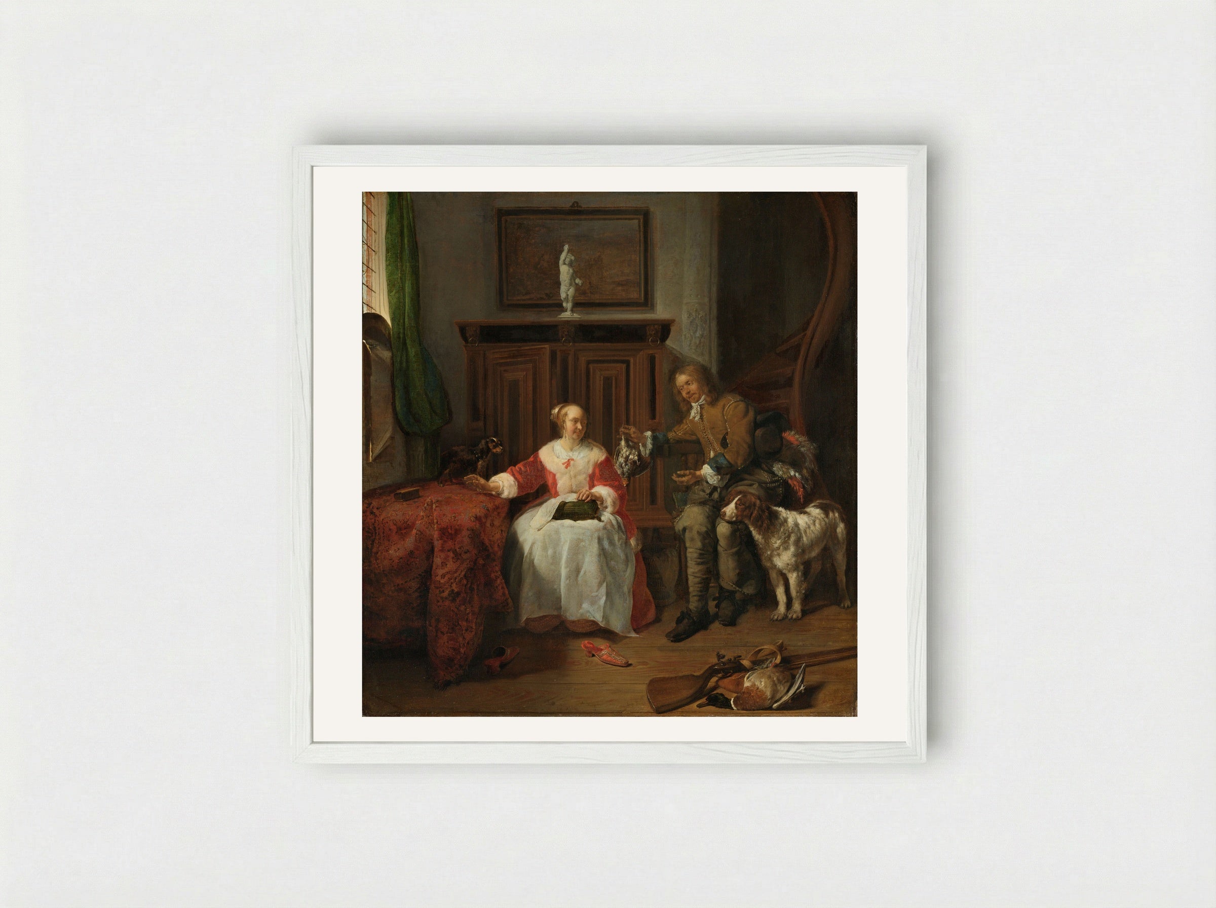 The Hunter's Present - Gabriël Metsu - Framed Print White