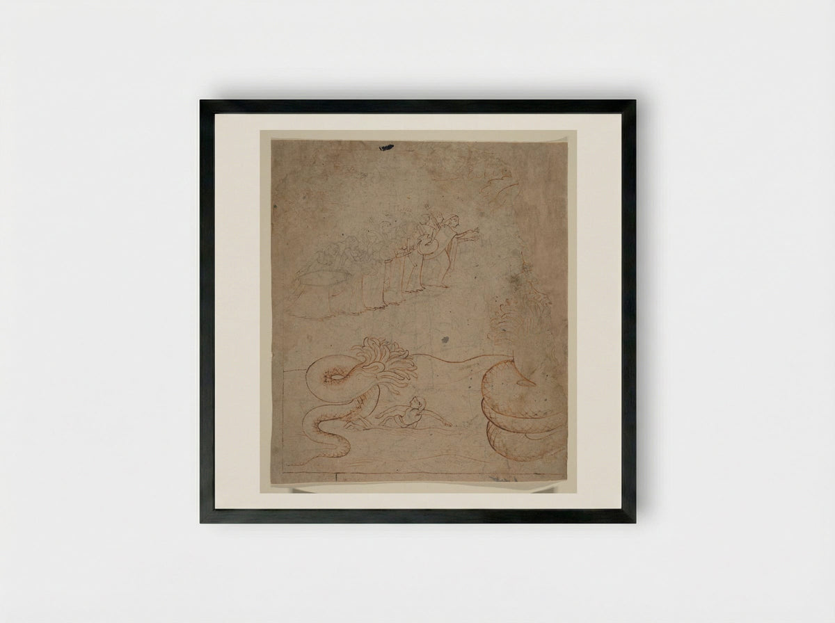 Krishna Subdues the Serpent Kaliya in the Yamuna River - Nainsukh - Framed Print Black