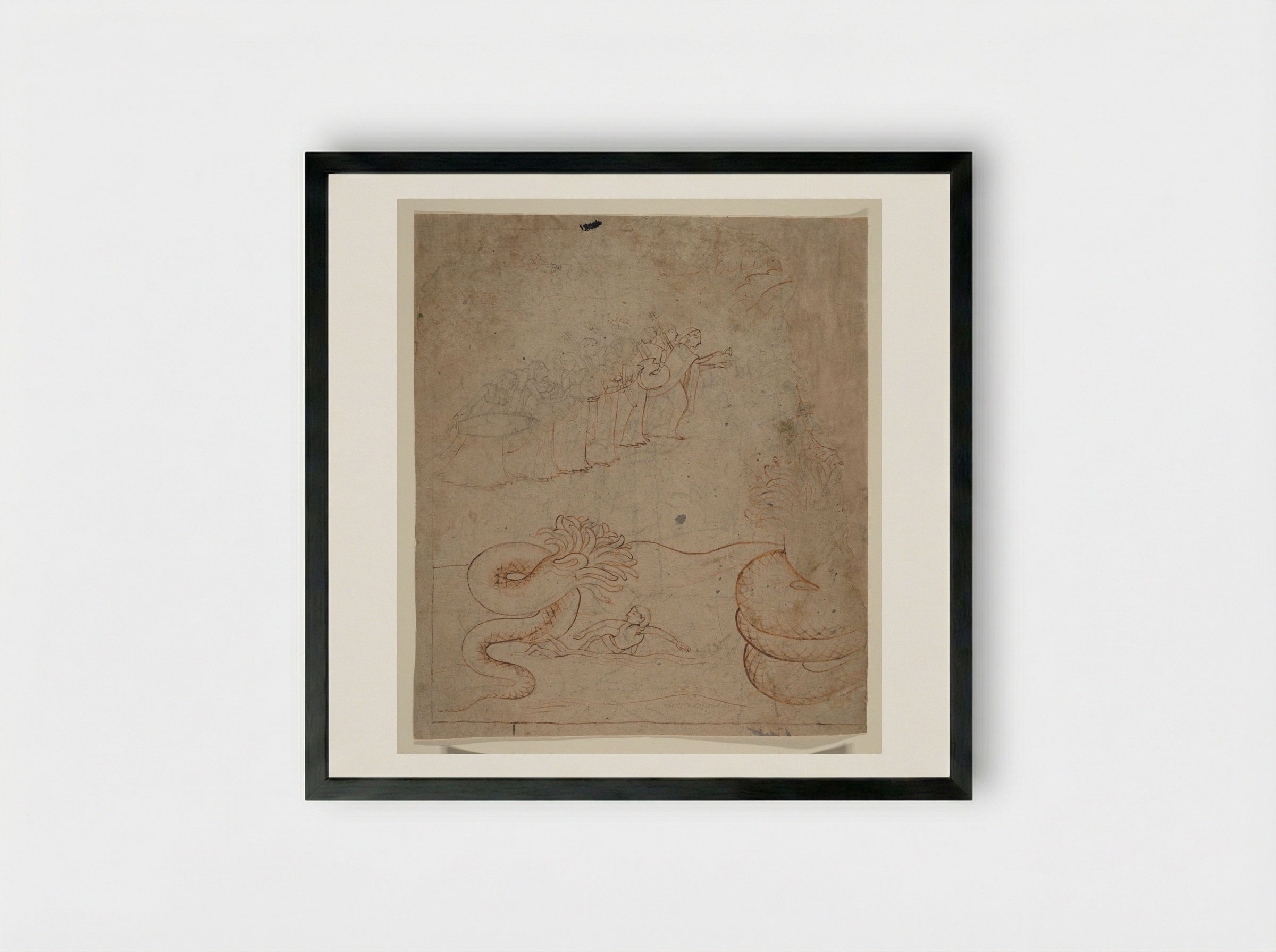 Krishna Subdues the Serpent Kaliya in the Yamuna River - Nainsukh - Framed Print Black