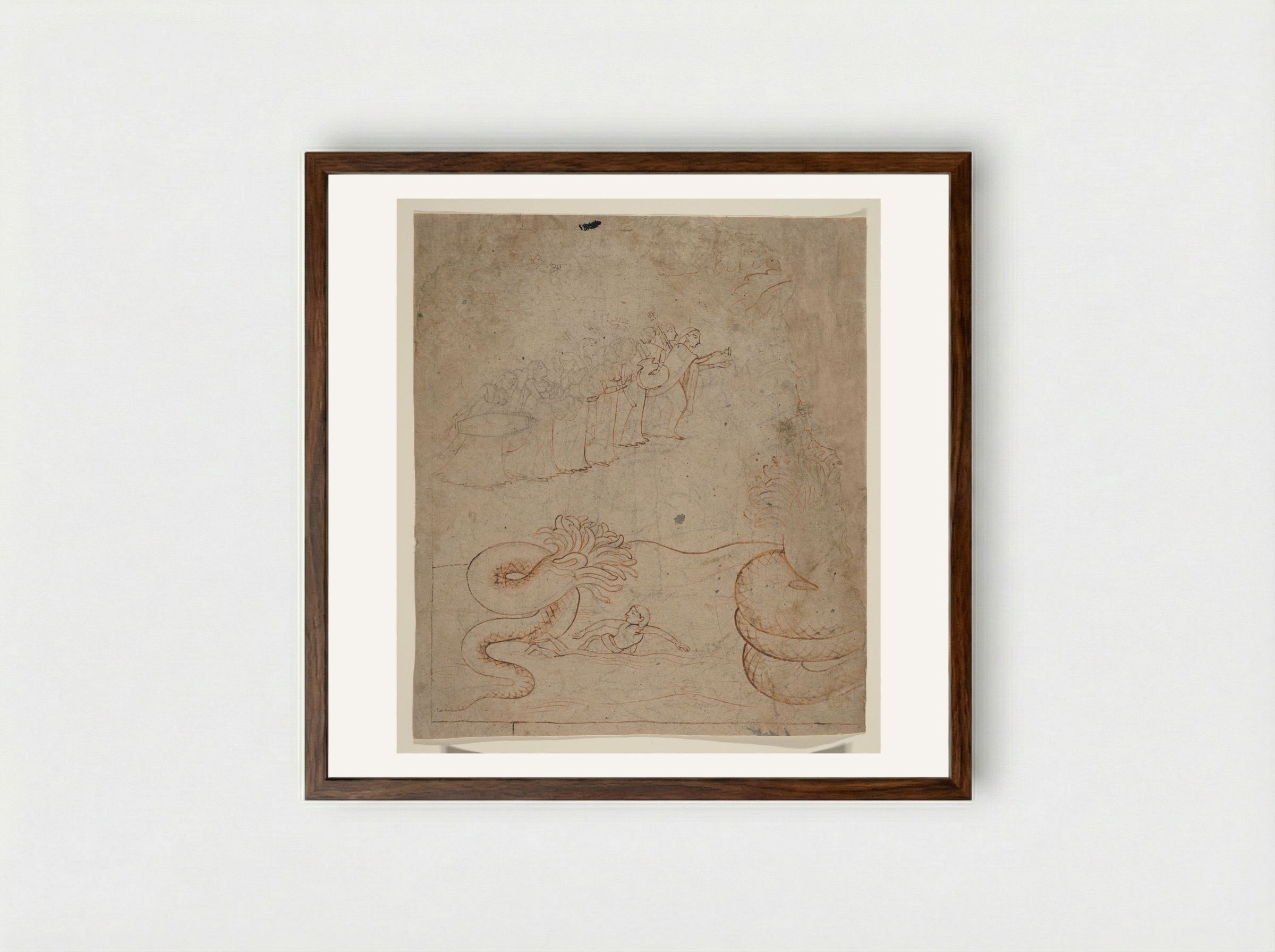 Krishna Subdues the Serpent Kaliya in the Yamuna River - Nainsukh - Framed Print Dark Wood