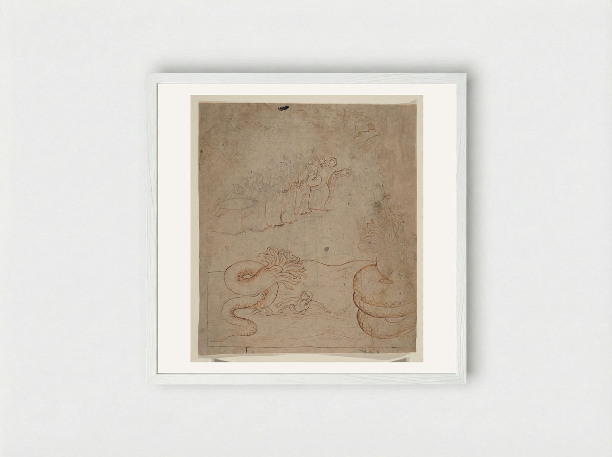 Krishna Subdues the Serpent Kaliya in the Yamuna River - Nainsukh - Framed Print White