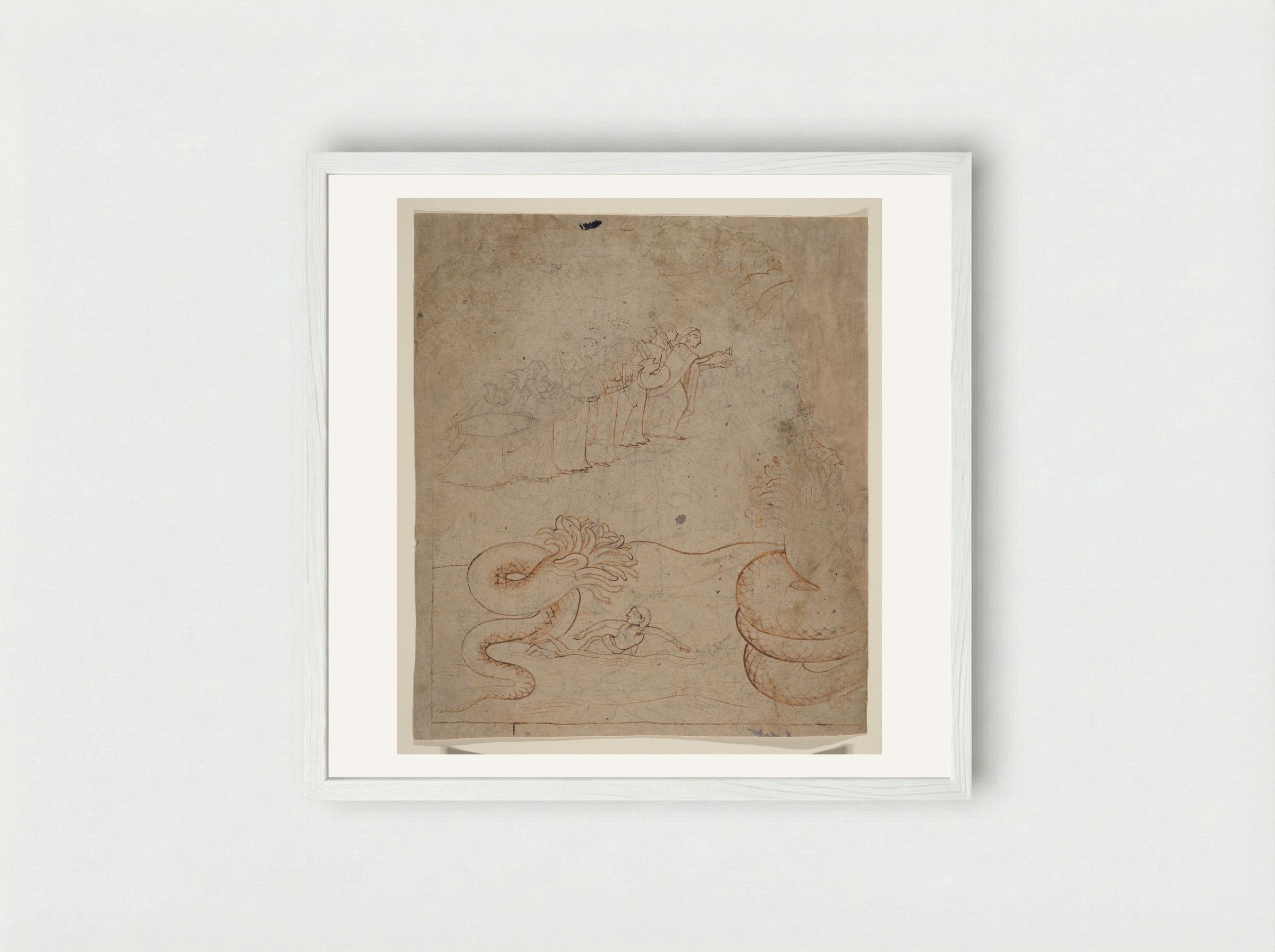Krishna Subdues the Serpent Kaliya in the Yamuna River - Nainsukh - Framed Print White