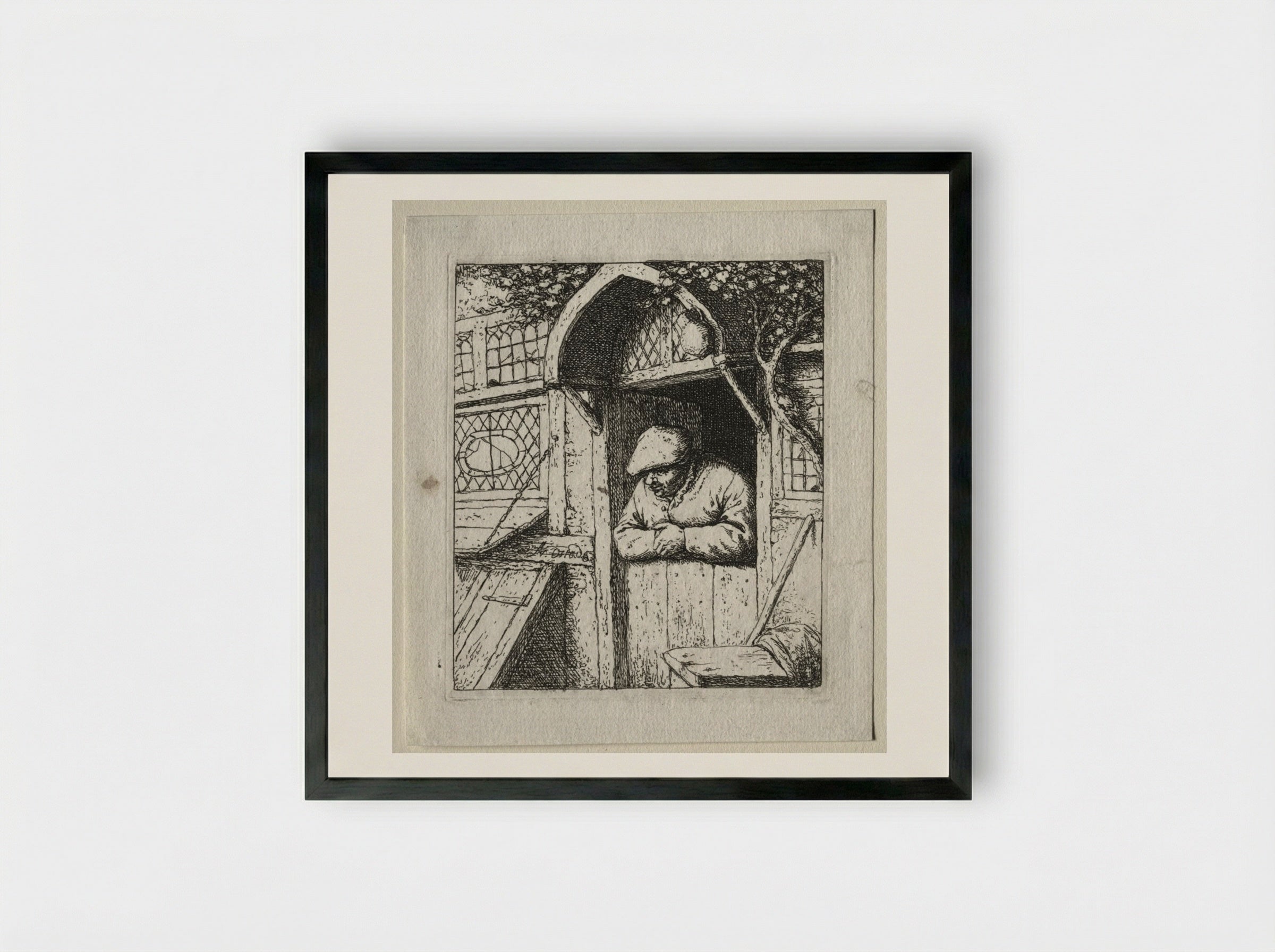 Peasant Leaning on his Doorway - Adriaen van Ostade - Framed Print Black